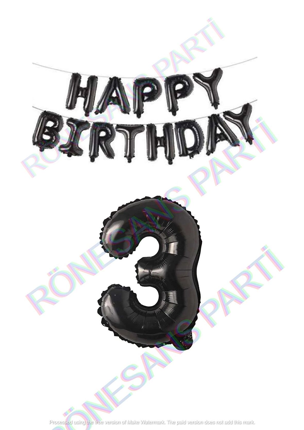 Happy Bırthday Siyah Renk Folyo Balon ve Rakam Seti Yaş 3