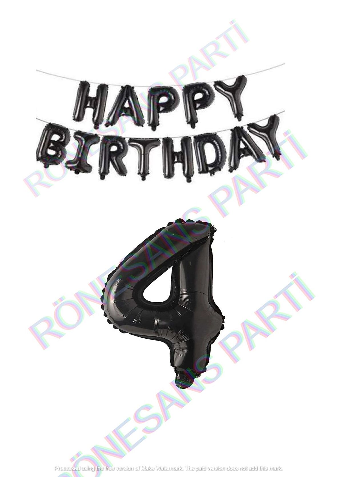 Happy Bırthday Siyah Renk Folyo Balon ve Rakam Seti Yaş 4