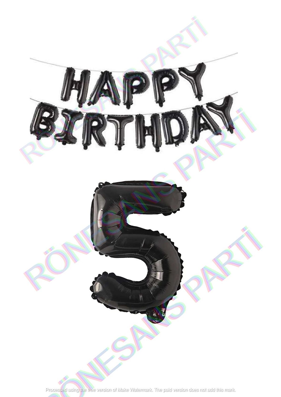 Happy Bırthday Siyah Renk Folyo Balon ve Rakam Seti Yaş 5