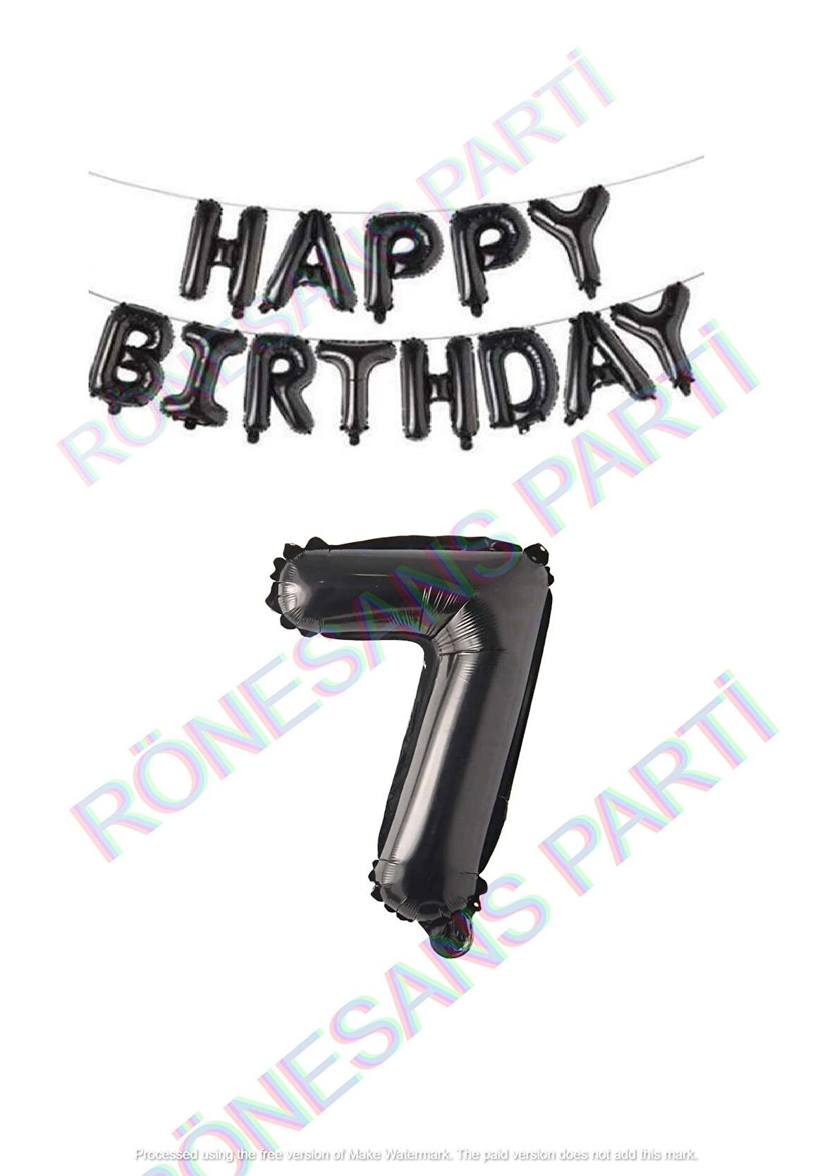 Happy Bırthday Siyah Renk Folyo Balon ve Rakam Seti Yaş 7
