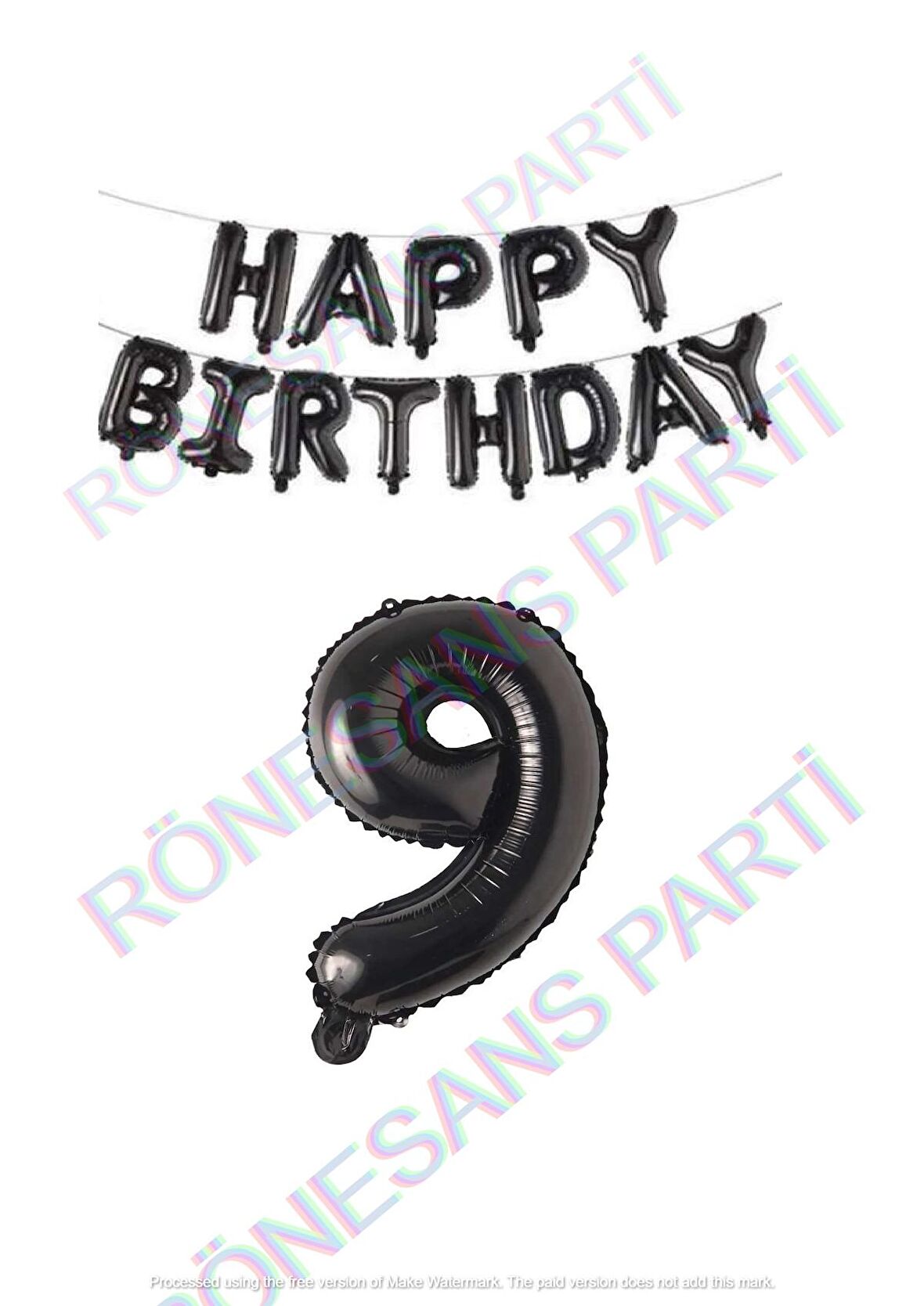 Happy Bırthday Siyah Renk Folyo Balon ve Rakam Seti Yaş 9