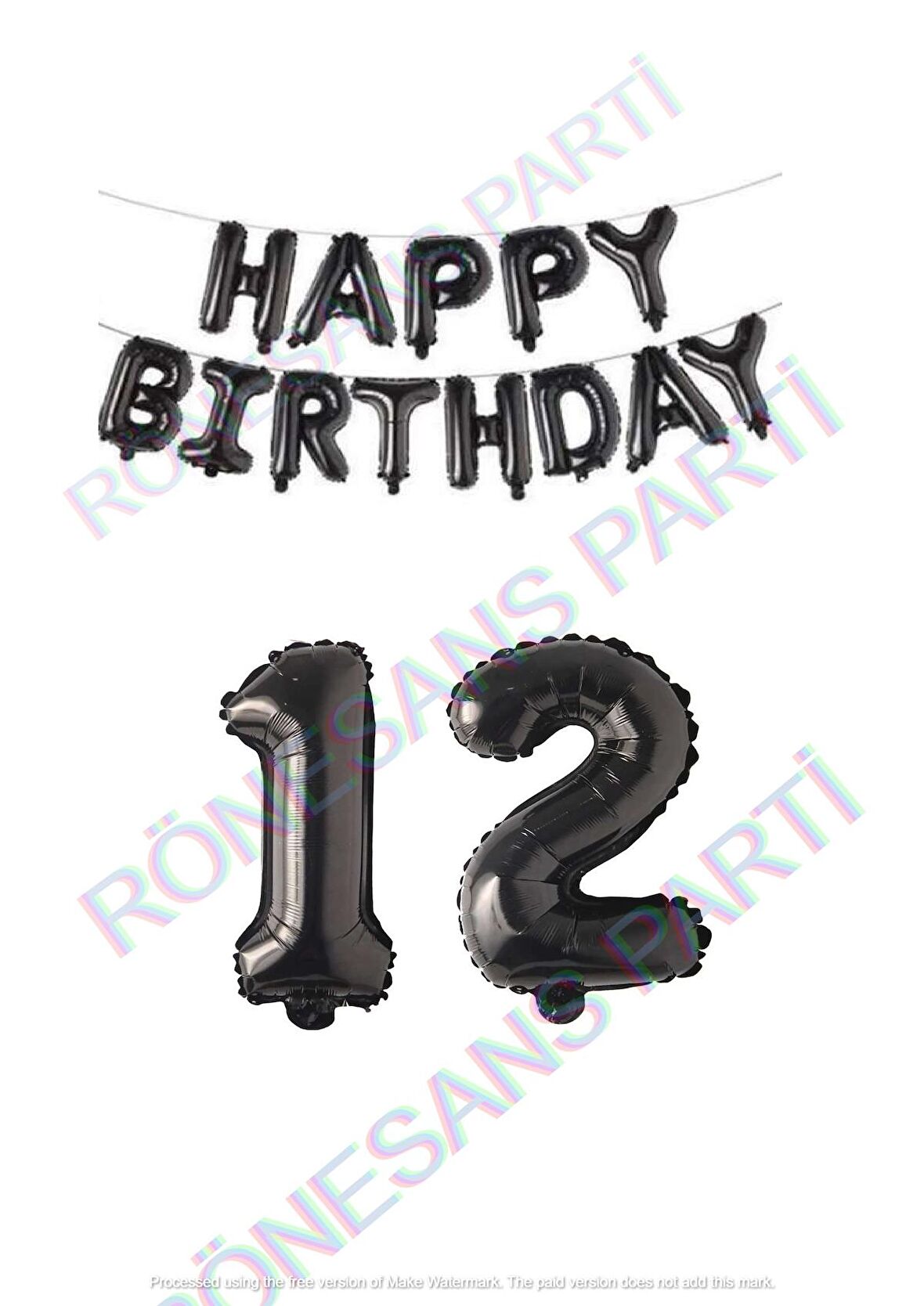 Happy Bırthday Siyah Renk Folyo Balon ve Rakam Seti Yaş 12
