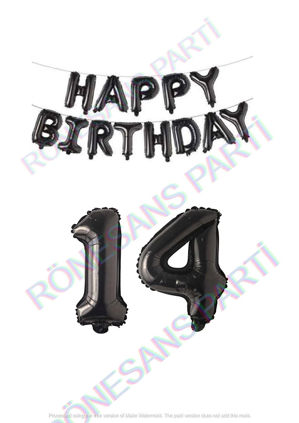 Happy Bırthday Siyah Renk Folyo Balon ve Rakam Seti Yaş 14