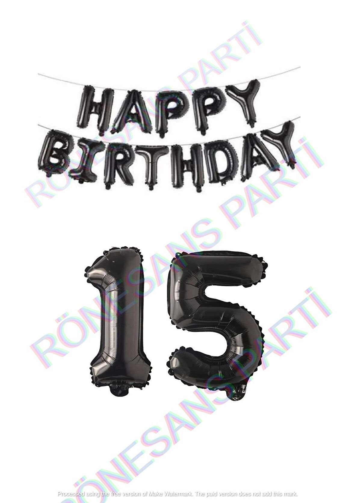 Happy Bırthday Siyah Renk Folyo Balon ve Rakam Seti Yaş 15