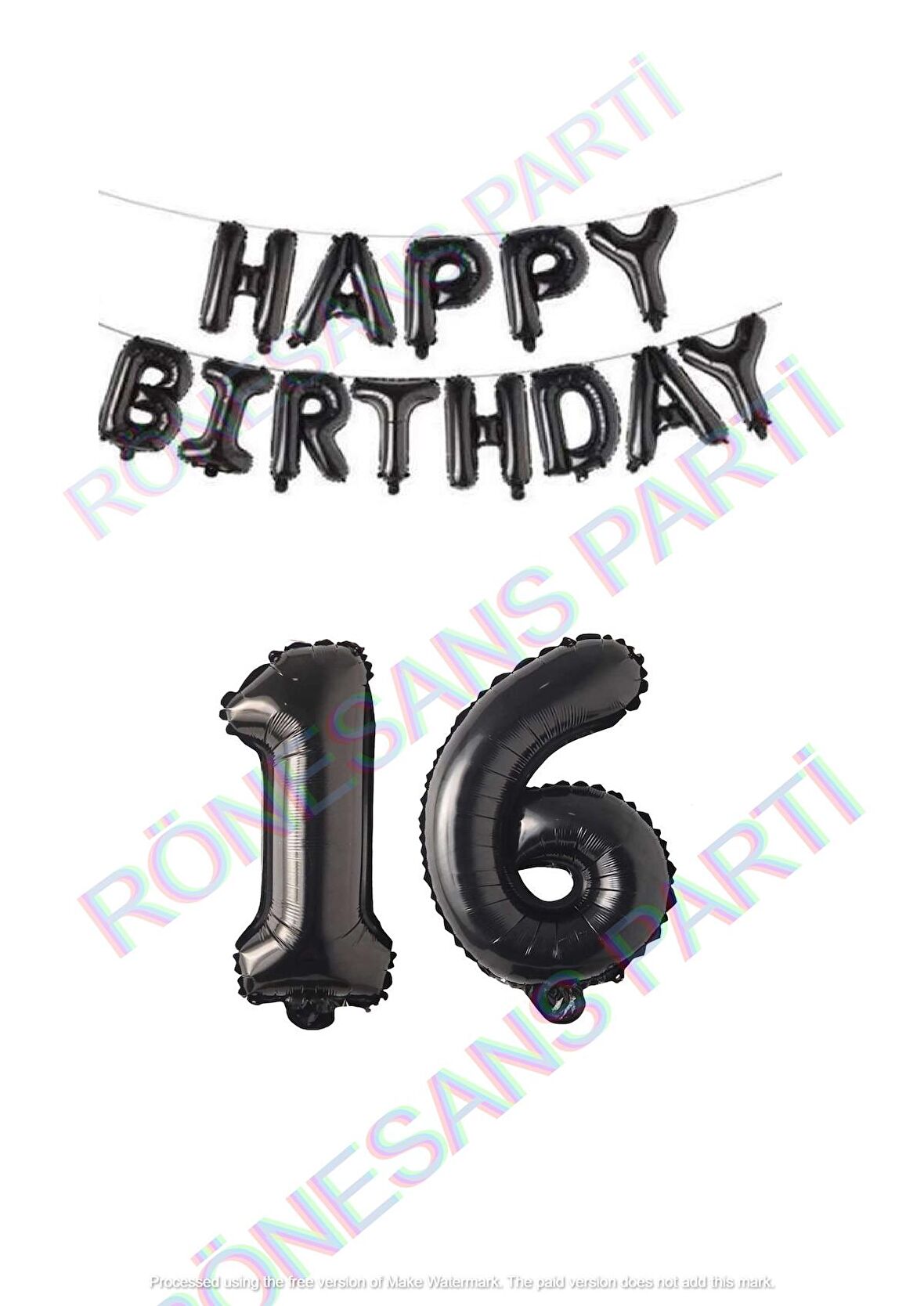 Happy Bırthday Siyah Renk Folyo Balon ve Rakam Seti Yaş 16