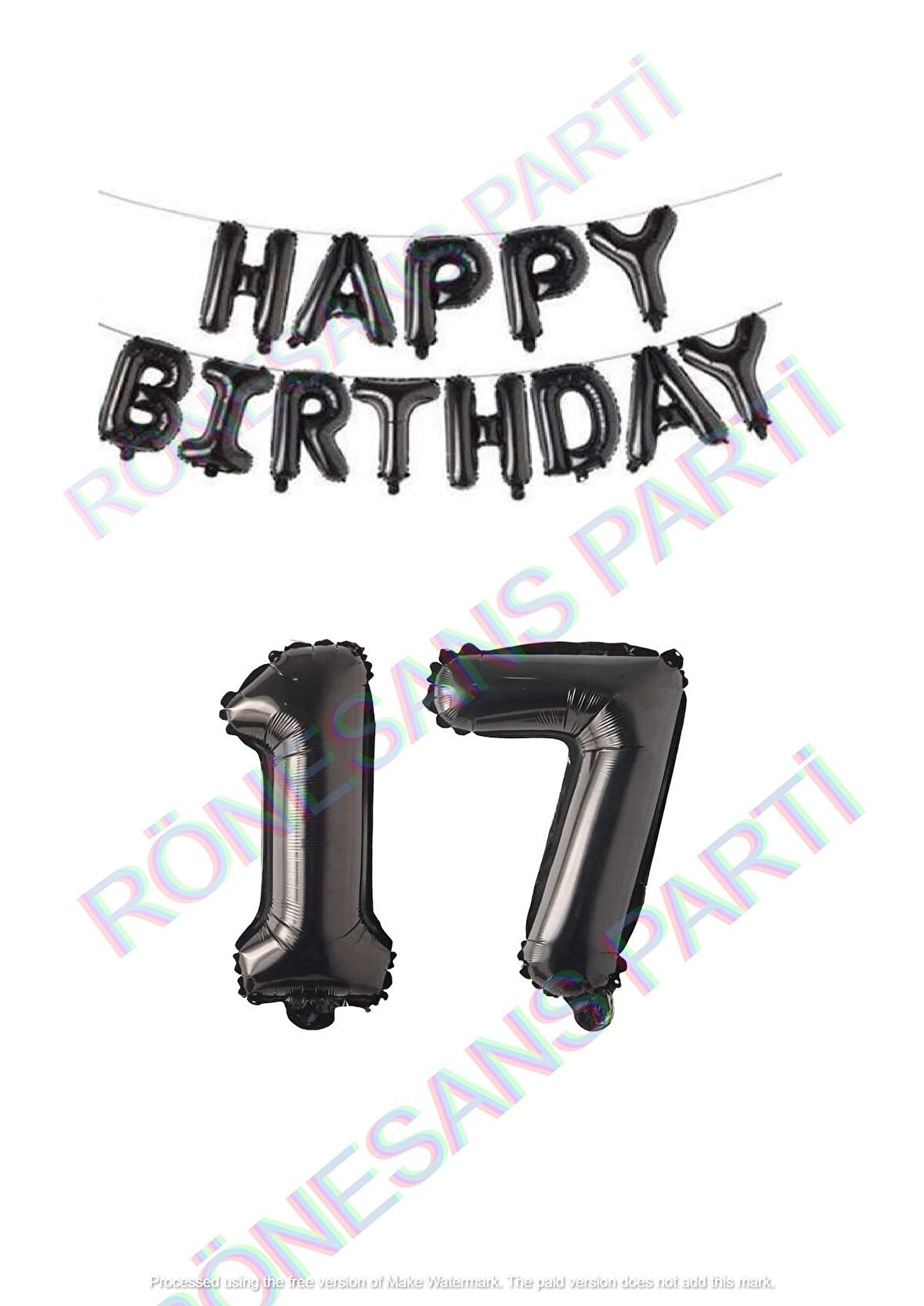 Happy Bırthday Siyah Renk Folyo Balon ve Rakam Seti Yaş 17