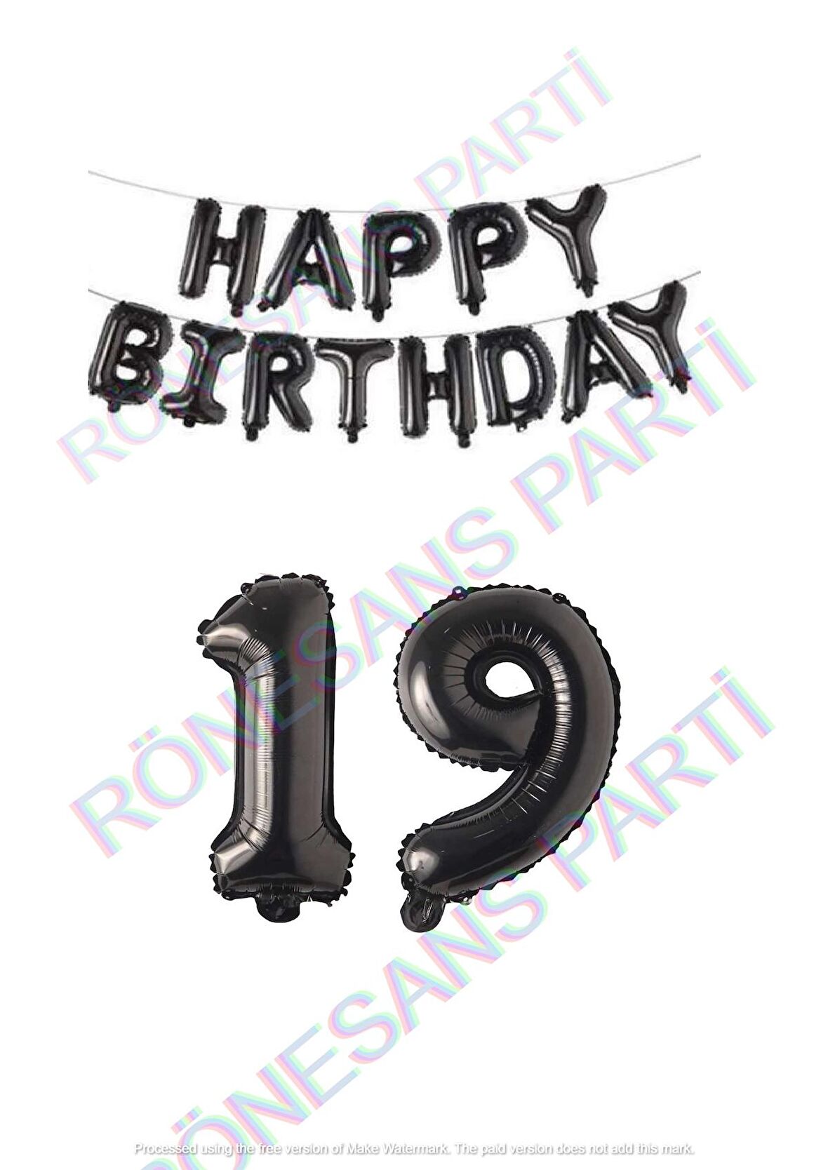 Happy Bırthday Siyah Renk Folyo Balon ve Rakam Seti Yaş 19