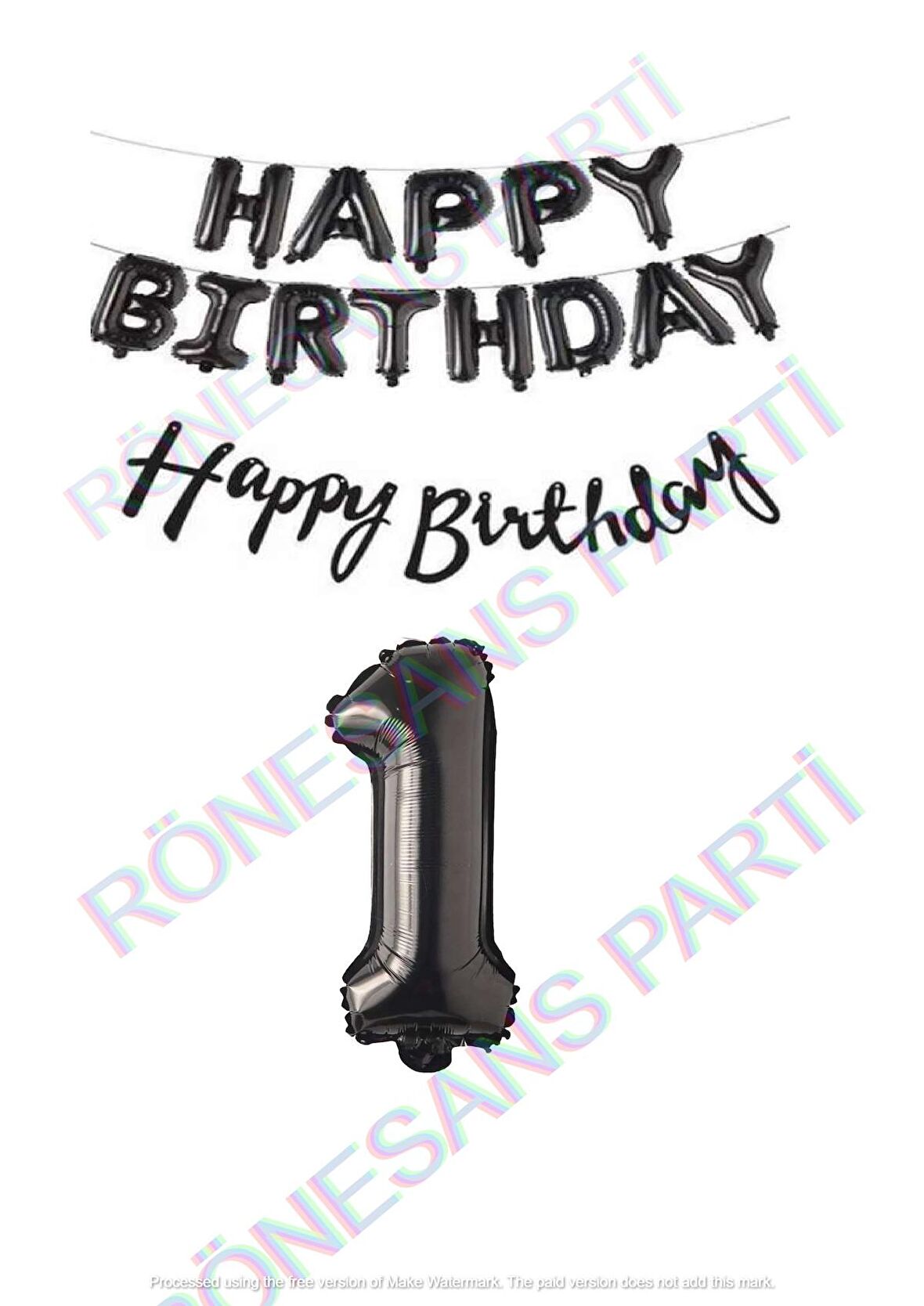 Happy Bırthday Siyah Renk Folyo Balon Kaligrafi Banner ve Rakam Seti Yaş 1