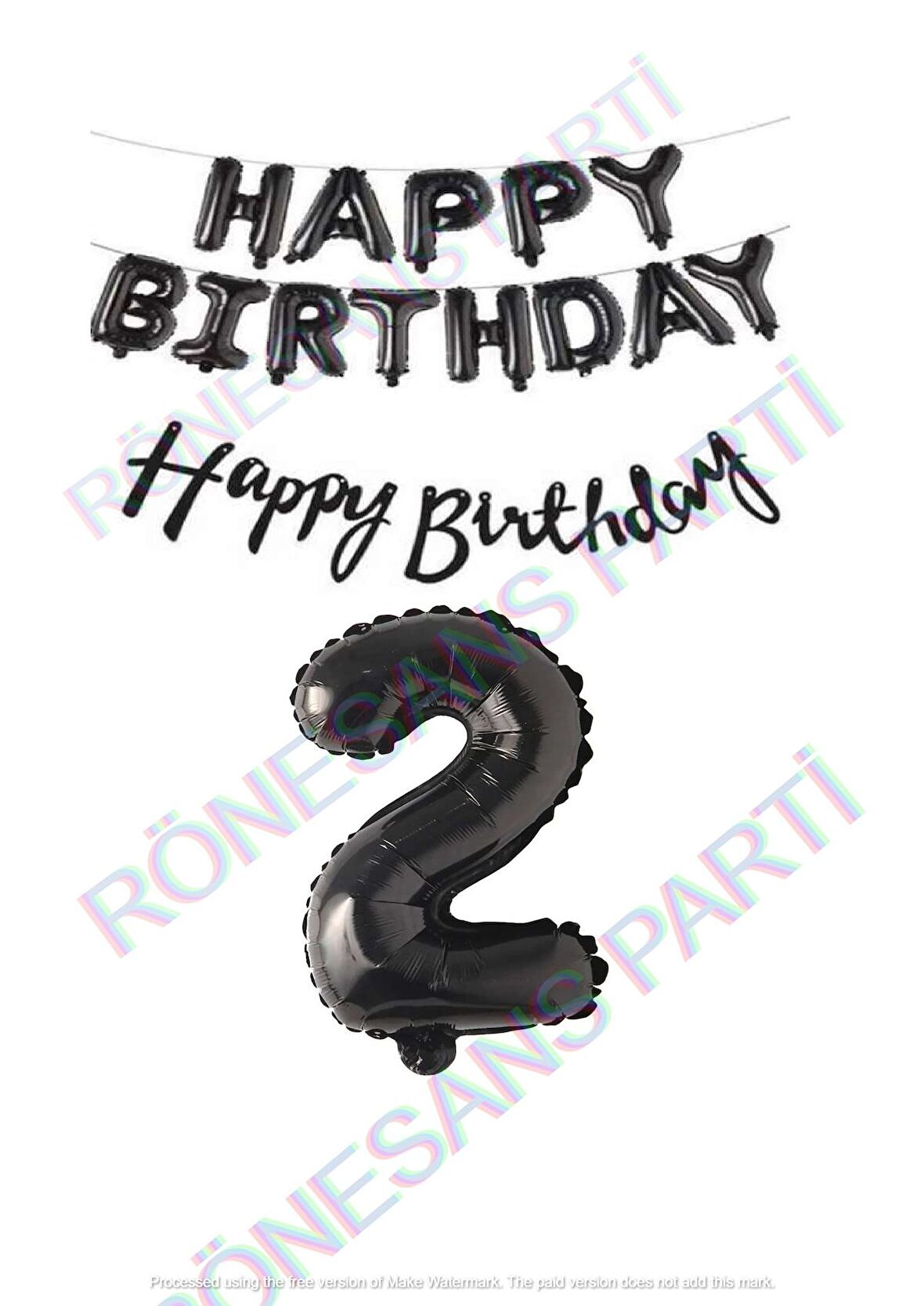 Happy Bırthday Siyah Renk Folyo Balon Kaligrafi Banner ve Rakam Seti Yaş 2