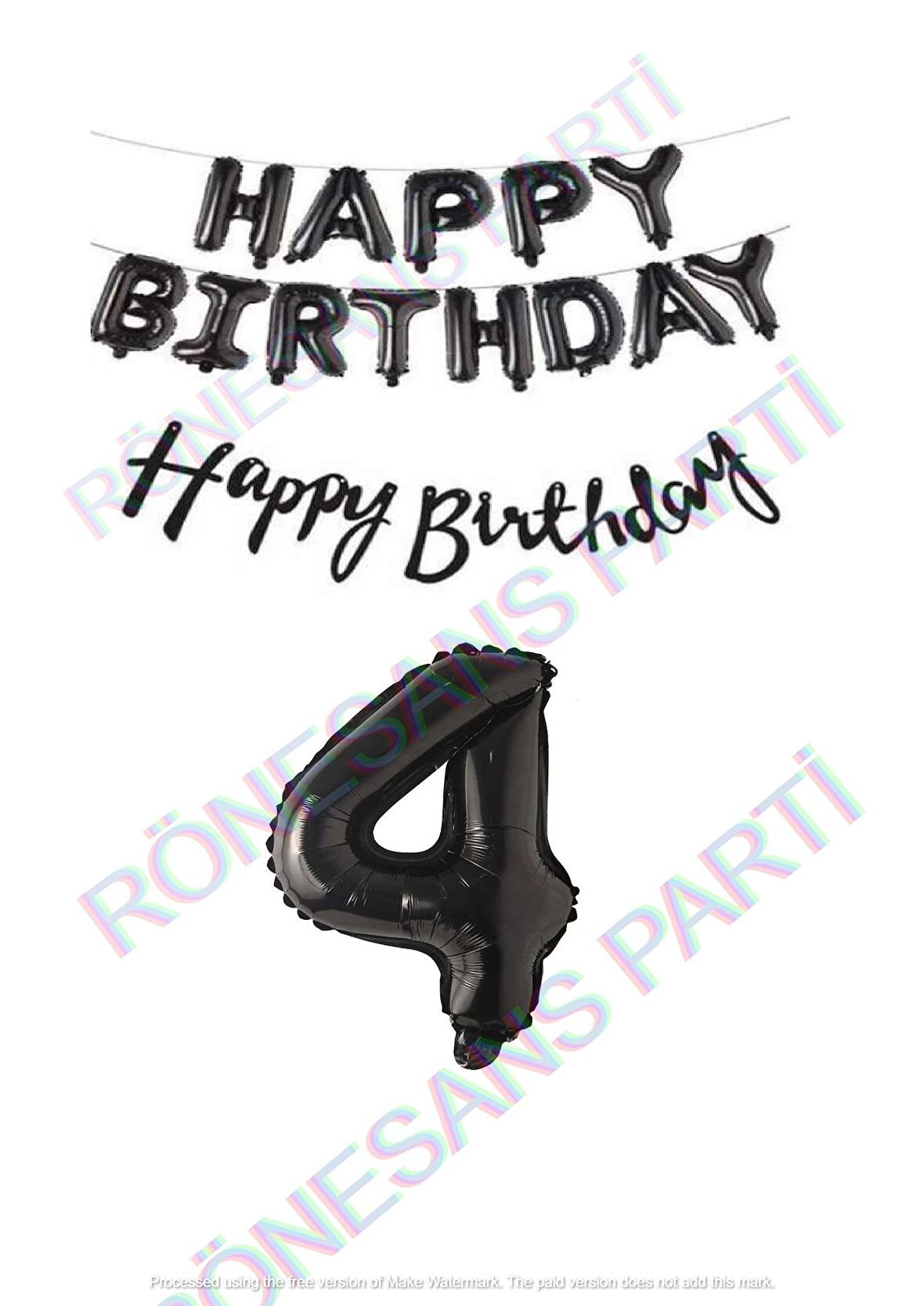 Happy Bırthday Siyah Renk Folyo Balon Kaligrafi Banner ve Rakam Seti Yaş 4