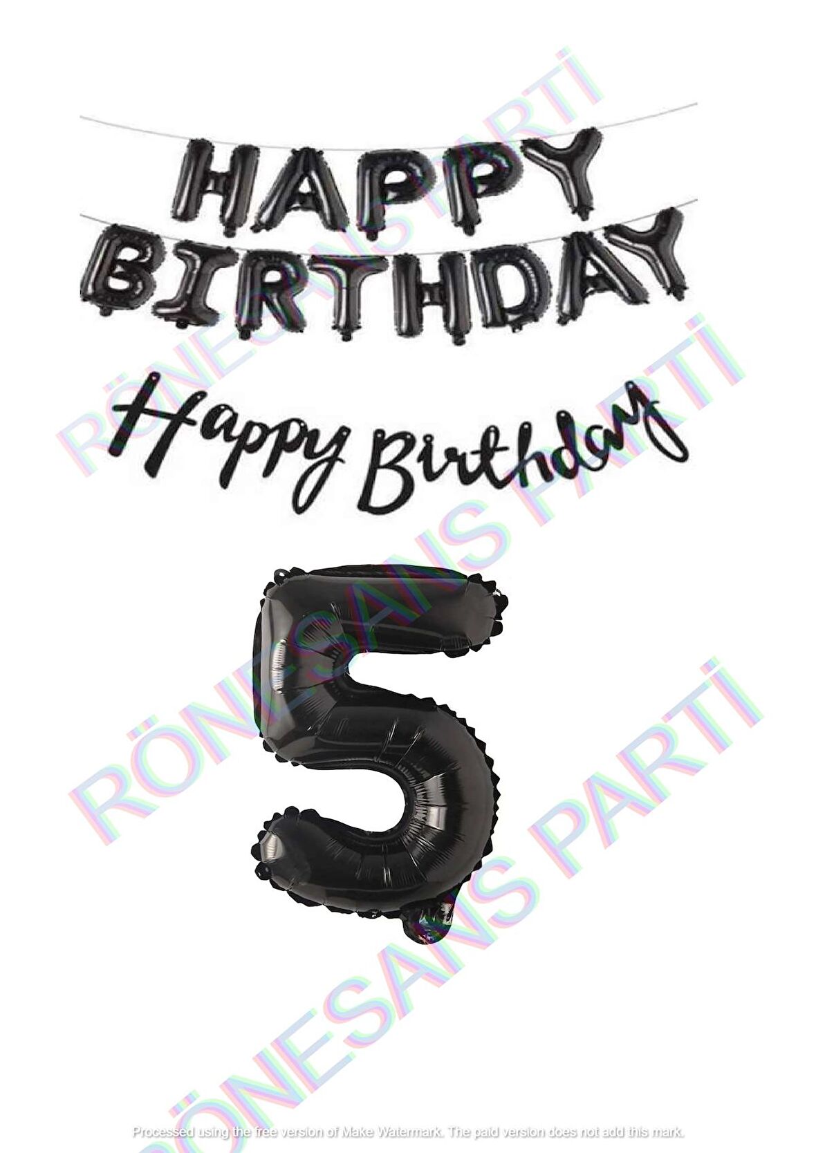 Happy Bırthday Siyah Renk Folyo Balon Kaligrafi Banner ve Rakam Seti Yaş 5