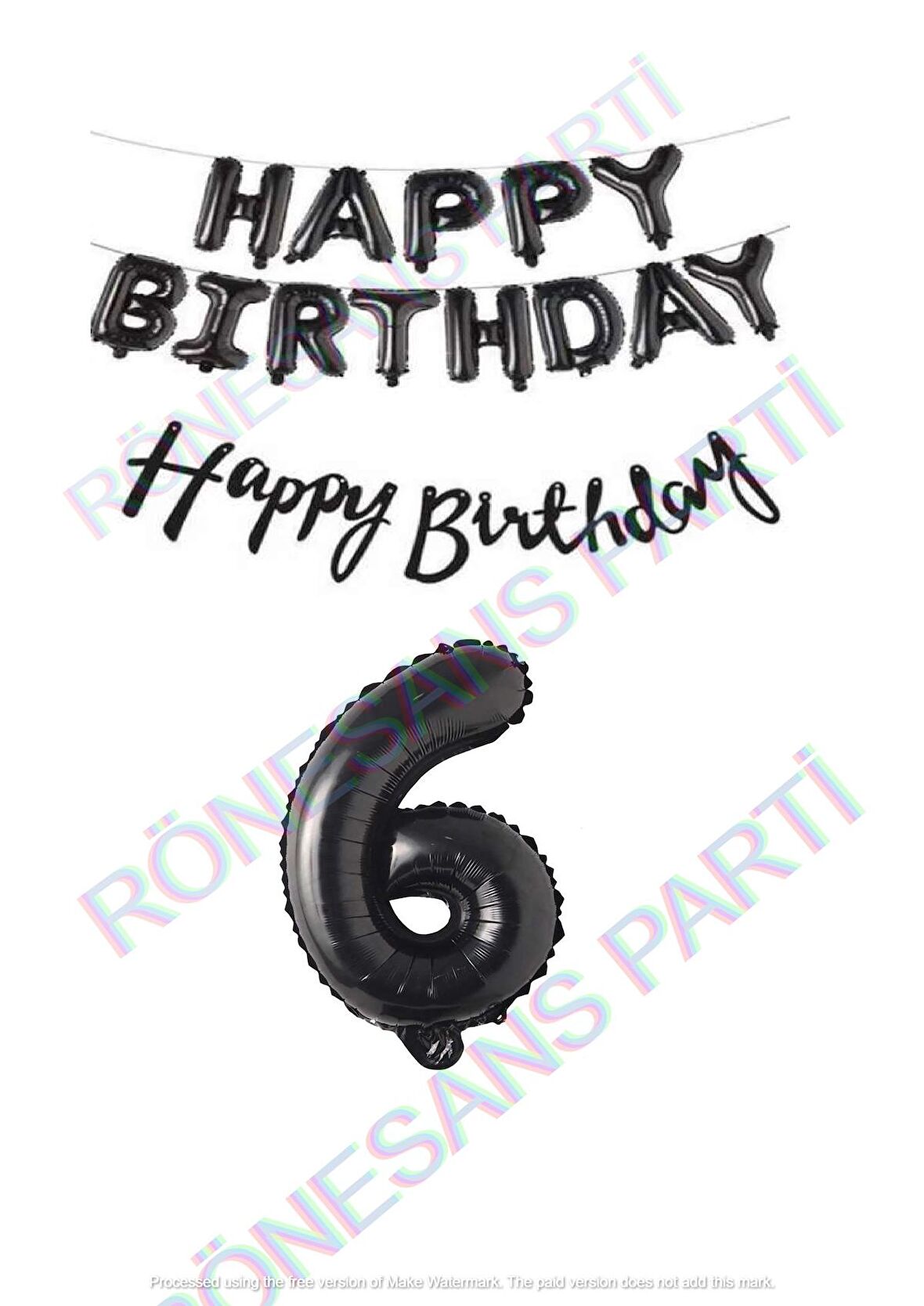 Happy Bırthday Siyah Renk Folyo Balon Kaligrafi Banner ve Rakam Seti Yaş 6