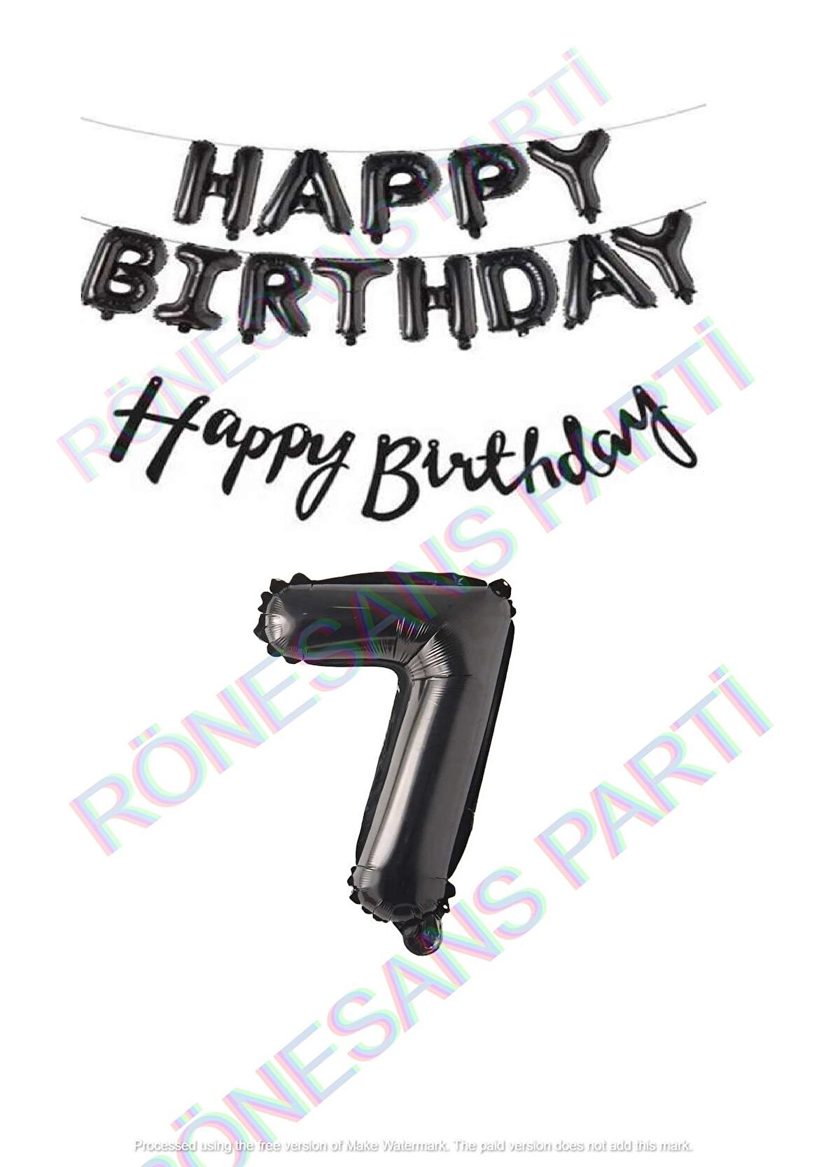 Happy Bırthday Siyah Renk Folyo Balon Kaligrafi Banner ve Rakam Seti Yaş 7