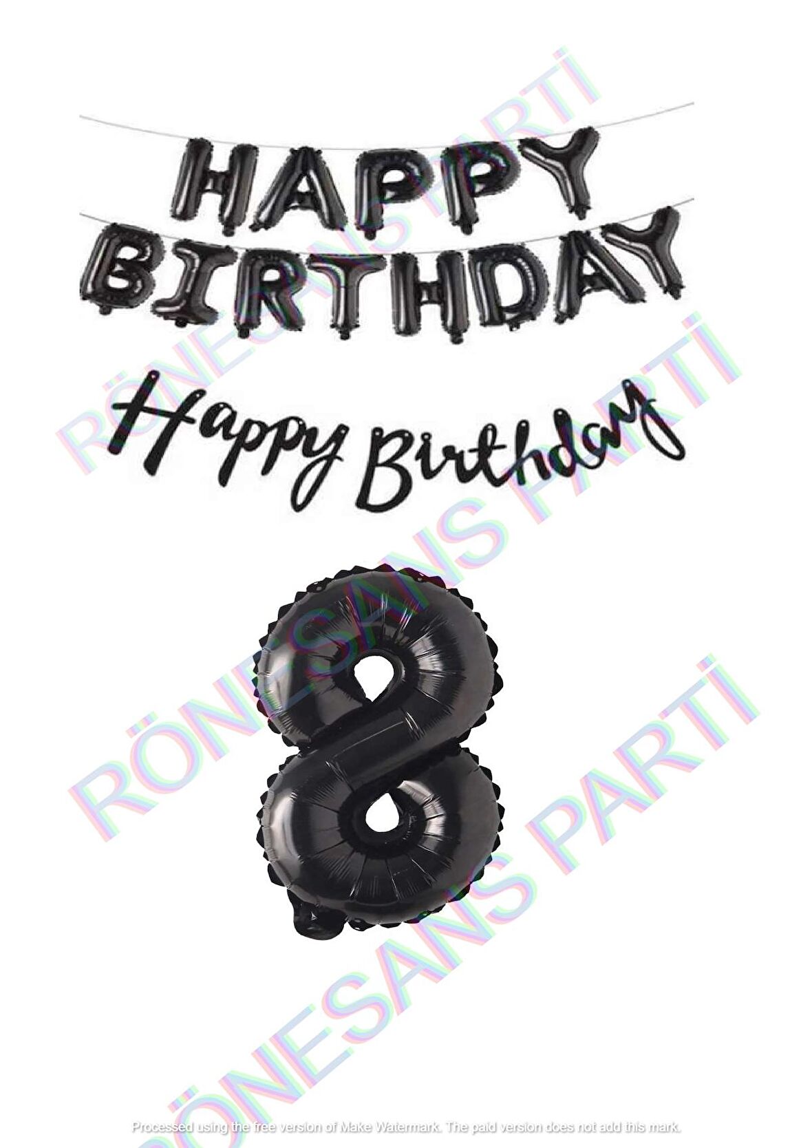 Happy Bırthday Siyah Renk Folyo Balon Kaligrafi Banner ve Rakam Seti Yaş 8