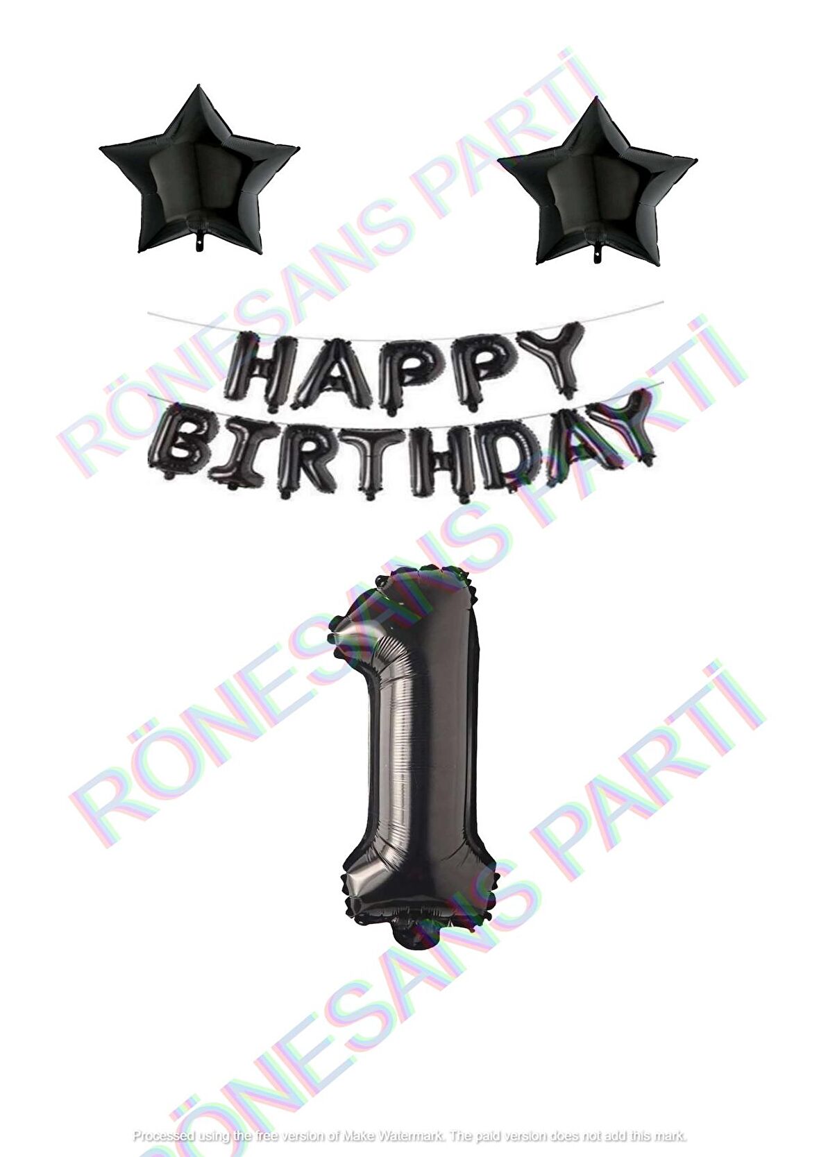 Happy Bırthday Siyah Renk Folyo Balon Yıldız Folyo ve Rakam Seti Yaş 1