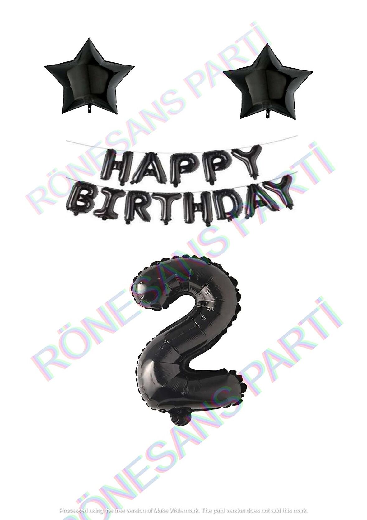 Happy Bırthday Siyah Renk Folyo Balon Yıldız Folyo ve Rakam Seti Yaş 2