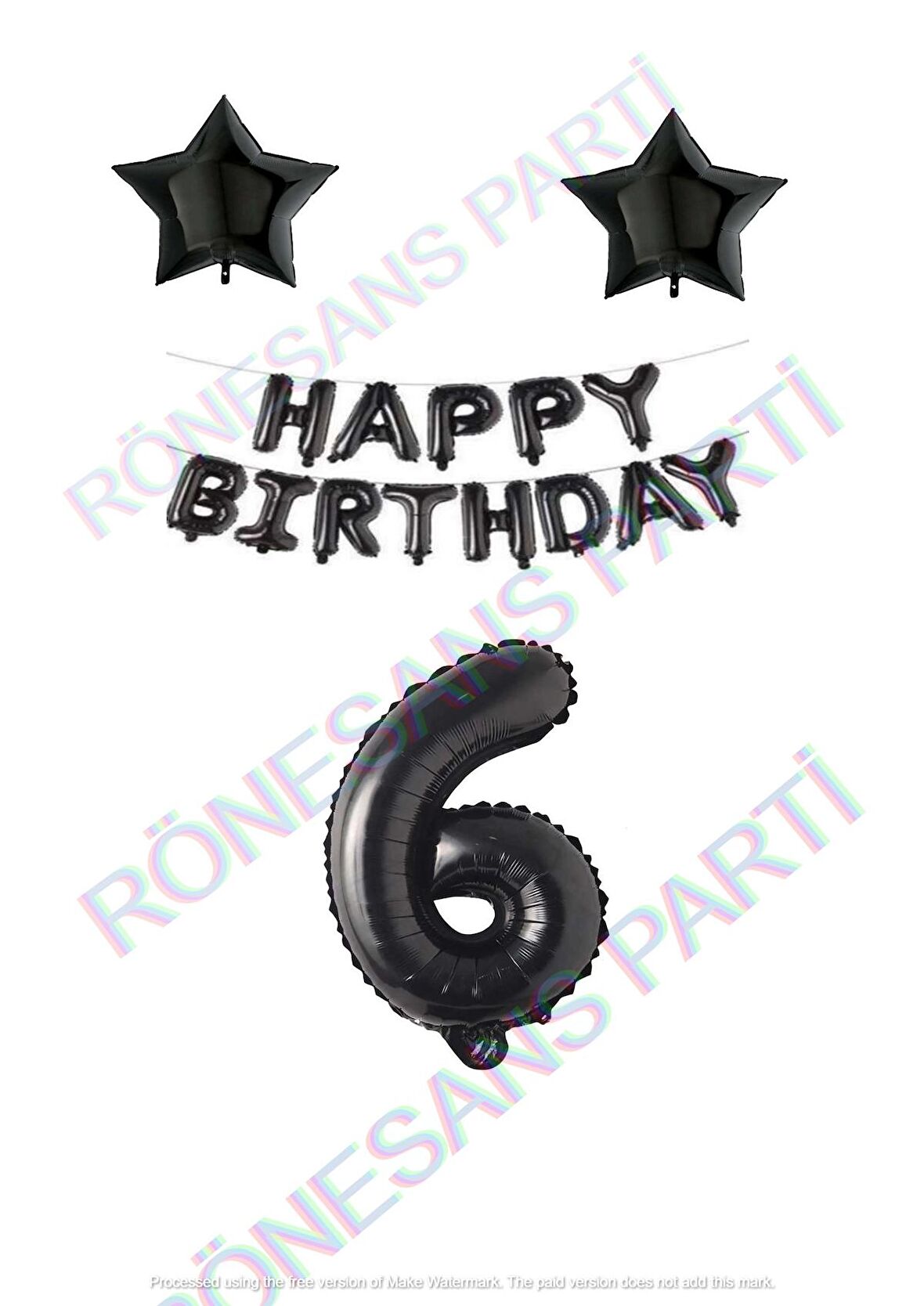 Happy Bırthday Siyah Renk Folyo Balon Yıldız Folyo ve Rakam Seti Yaş 6