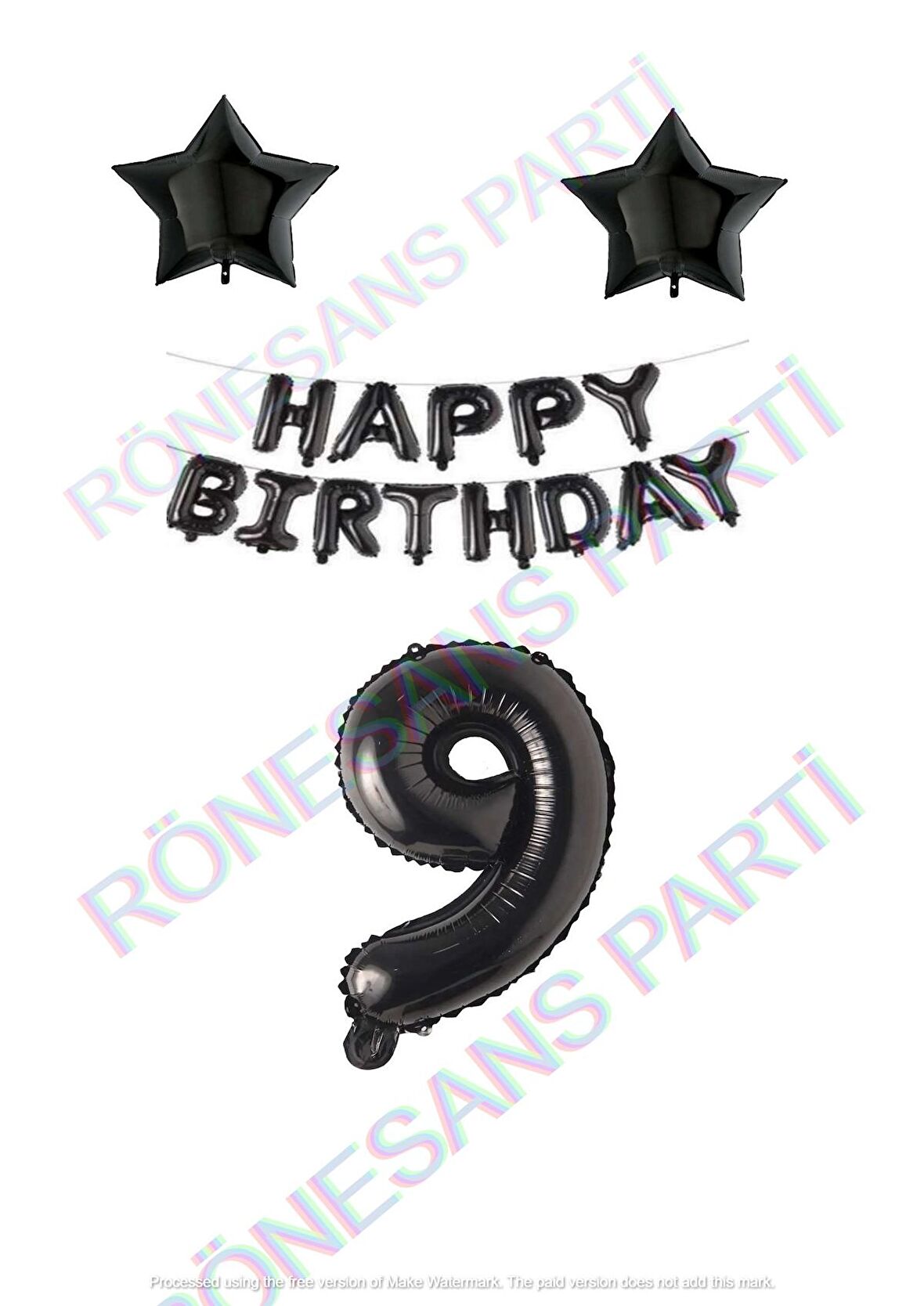 Happy Bırthday Siyah Renk Folyo Balon Yıldız Folyo ve Rakam Seti Yaş 9
