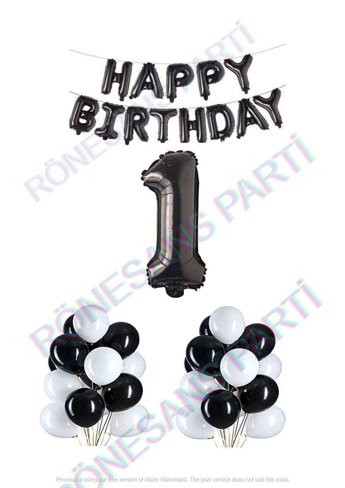 Happy Bırthday Siyah Renk Folyo Balon Latex Balon  ve Folyo Rakam Seti Yaş 1