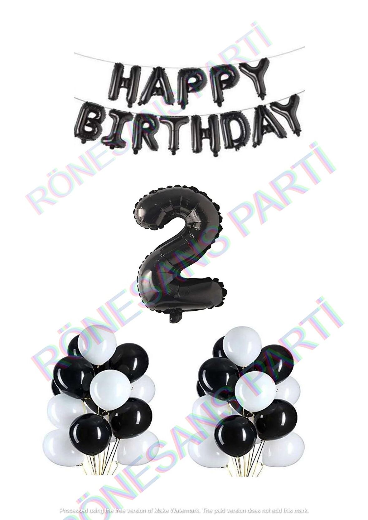 Happy Bırthday Siyah Renk Folyo Balon Latex Balon  ve Folyo Rakam Seti Yaş 2