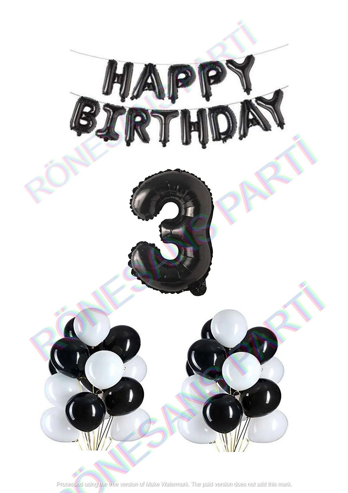 Happy Bırthday Siyah Renk Folyo Balon Latex Balon  ve Folyo Rakam Seti Yaş 3