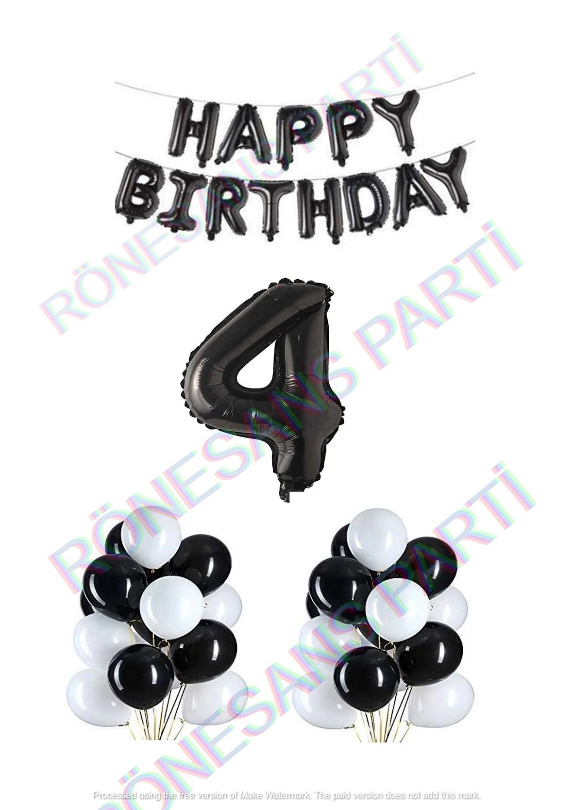 Happy Bırthday Siyah Renk Folyo Balon Latex Balon  ve Folyo Rakam Seti Yaş 4