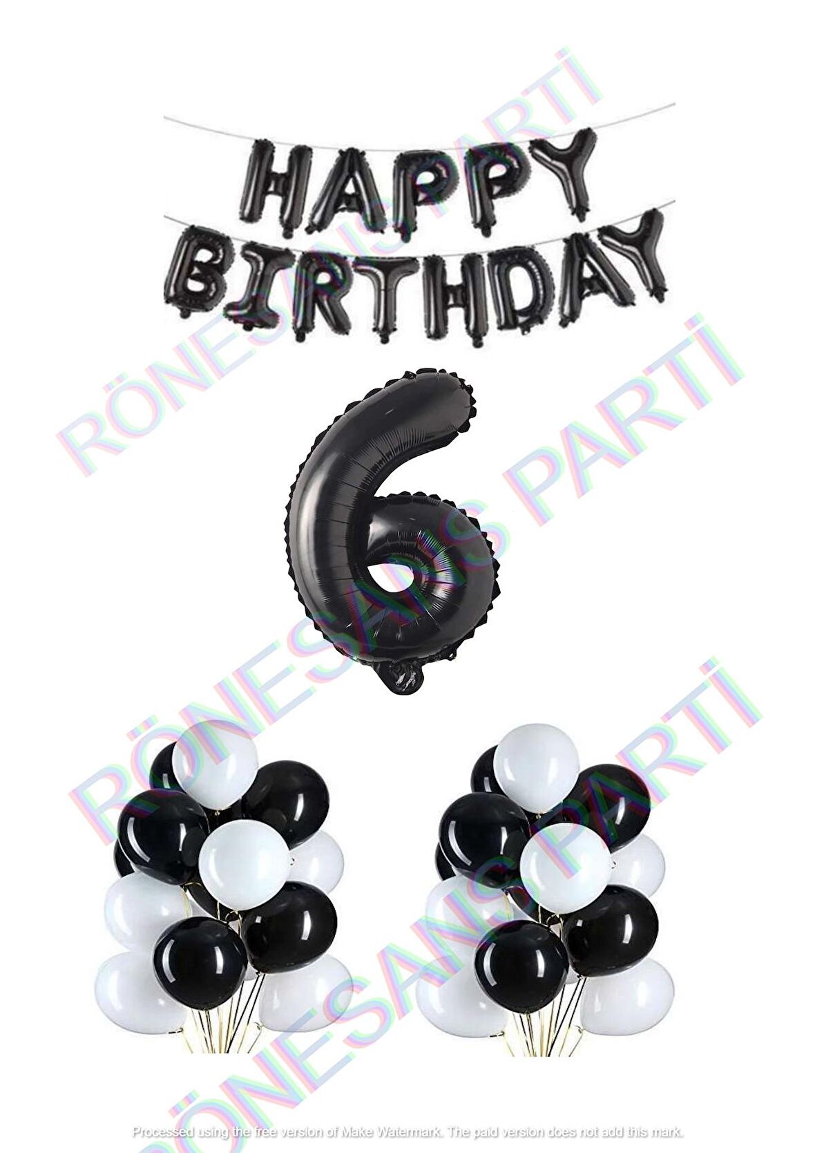Happy Bırthday Siyah Renk Folyo Balon Latex Balon  ve Folyo Rakam Seti Yaş 6
