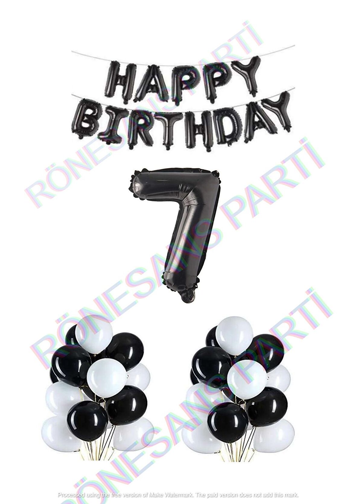 Happy Bırthday Siyah Renk Folyo Balon Latex Balon  ve Folyo Rakam Seti Yaş 7