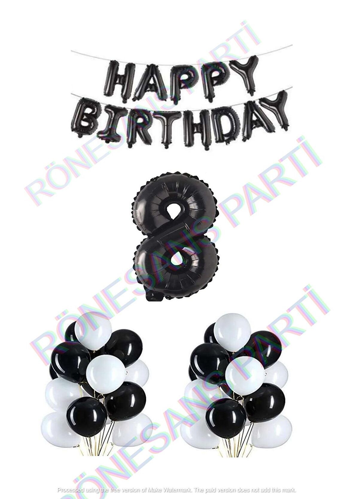 Happy Bırthday Siyah Renk Folyo Balon Latex Balon  ve Folyo Rakam Seti Yaş 8