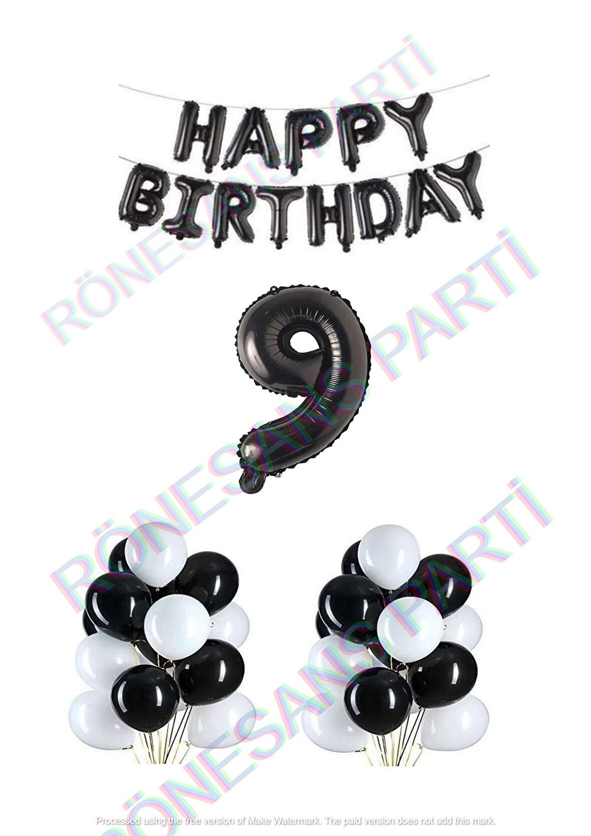 Happy Bırthday Siyah Renk Folyo Balon Latex Balon  ve Folyo Rakam Seti Yaş 9