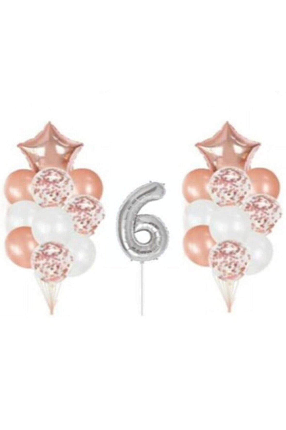 Gümüş 6 Yaş Rose Gold Konfetili Şeffaf Balon Seti