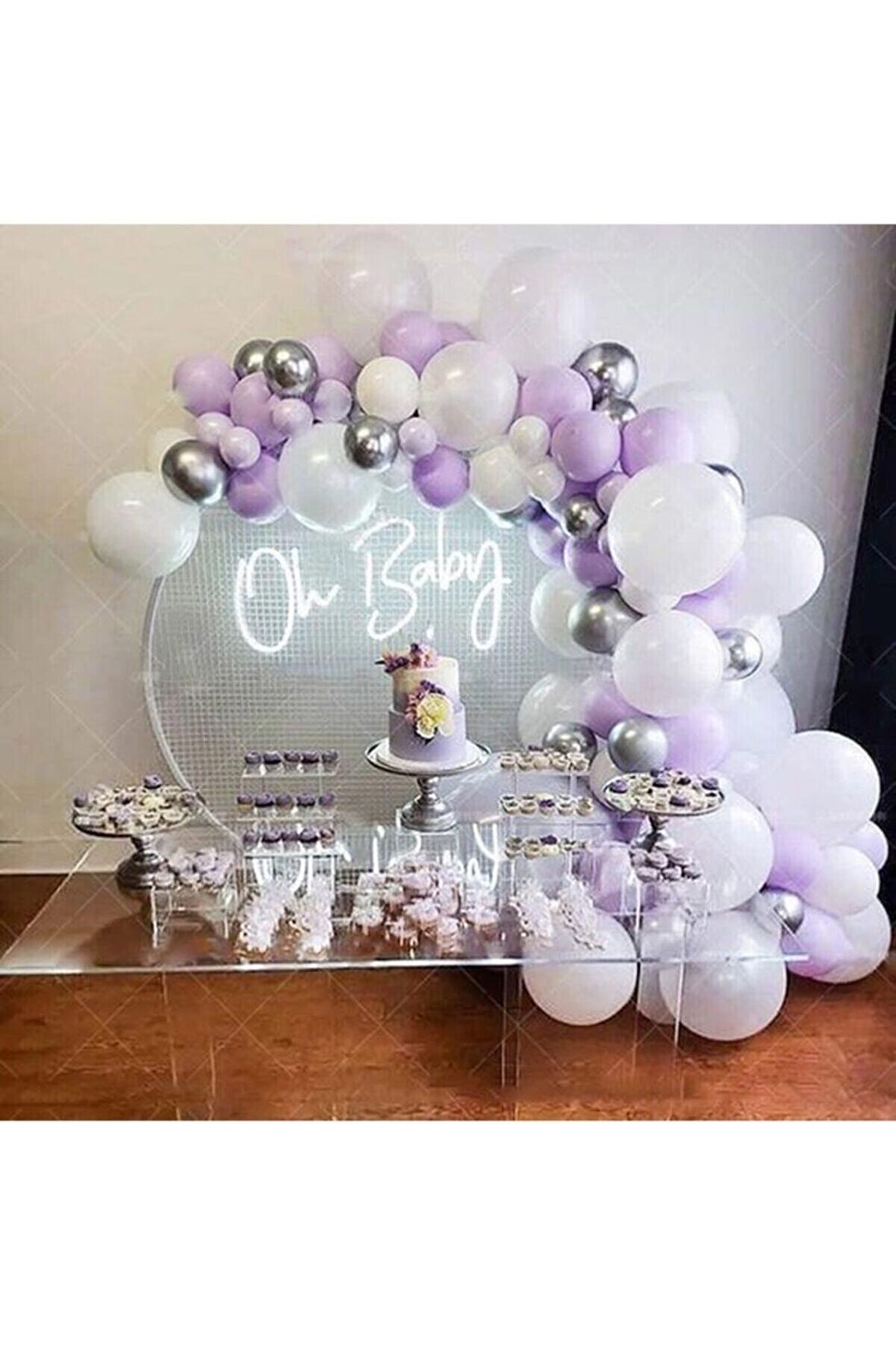 Pastel Lila Beyaz Krom Gümüş Balon Balon Zinciri 50 adet