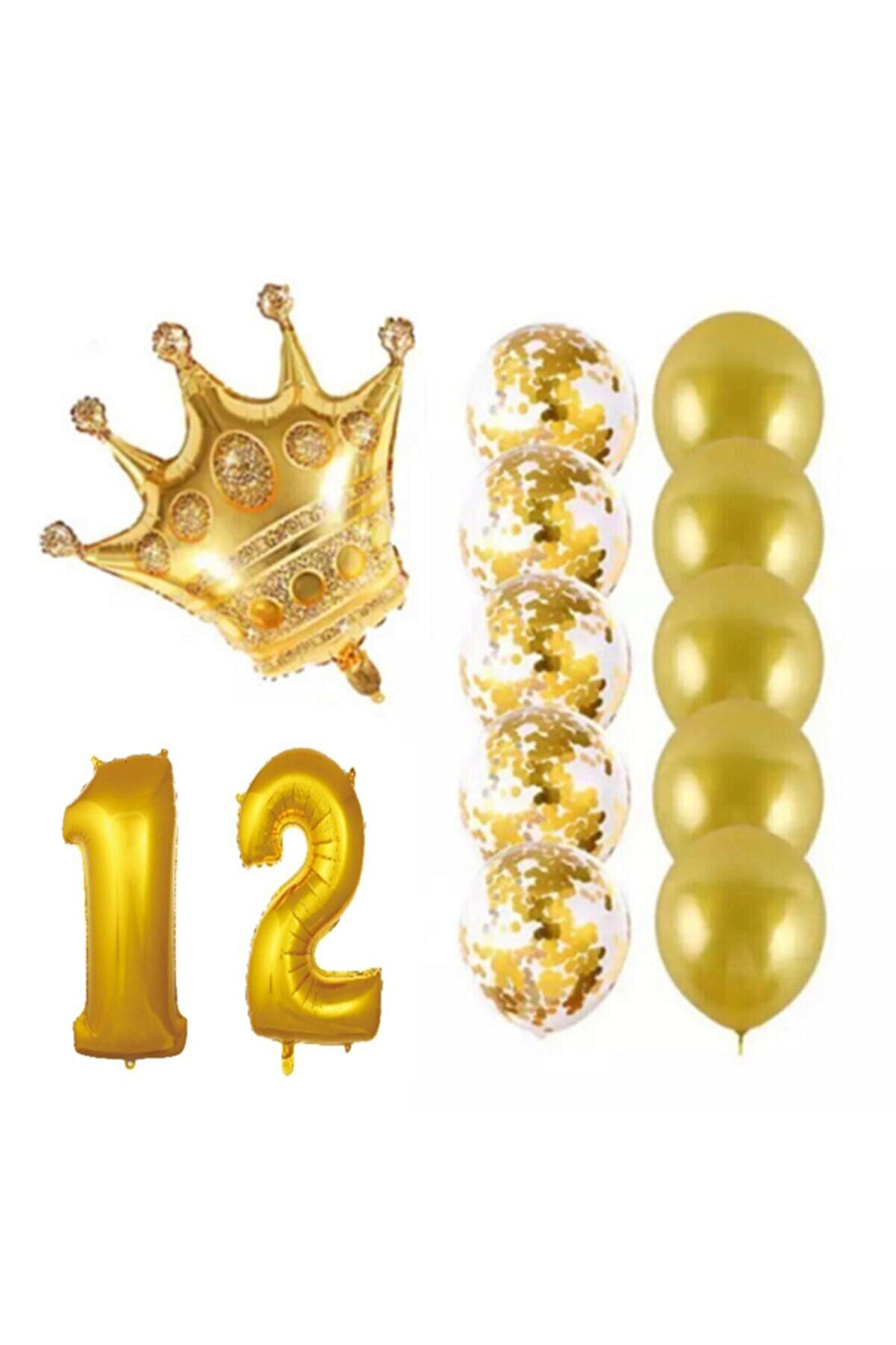 12 Yaş Kral Taçlı Gold Konfetili Şeffaf Balon Seti