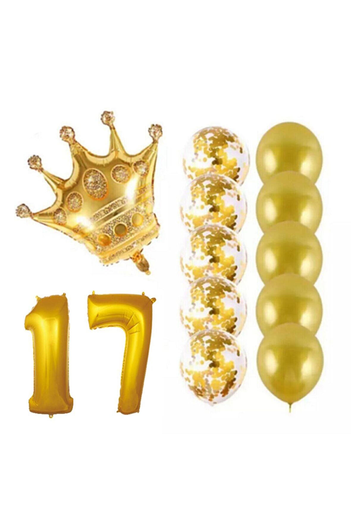 17 Yaş Kral Taçlı Gold Konfetili Şeffaf Balon Seti
