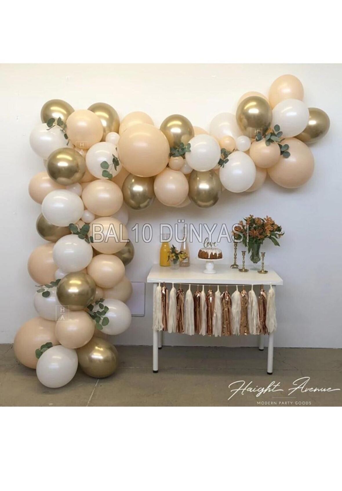 Beyaz-Ten-Gold Renk Balon Zinciri 50 Adet+5 mt balon zinciri