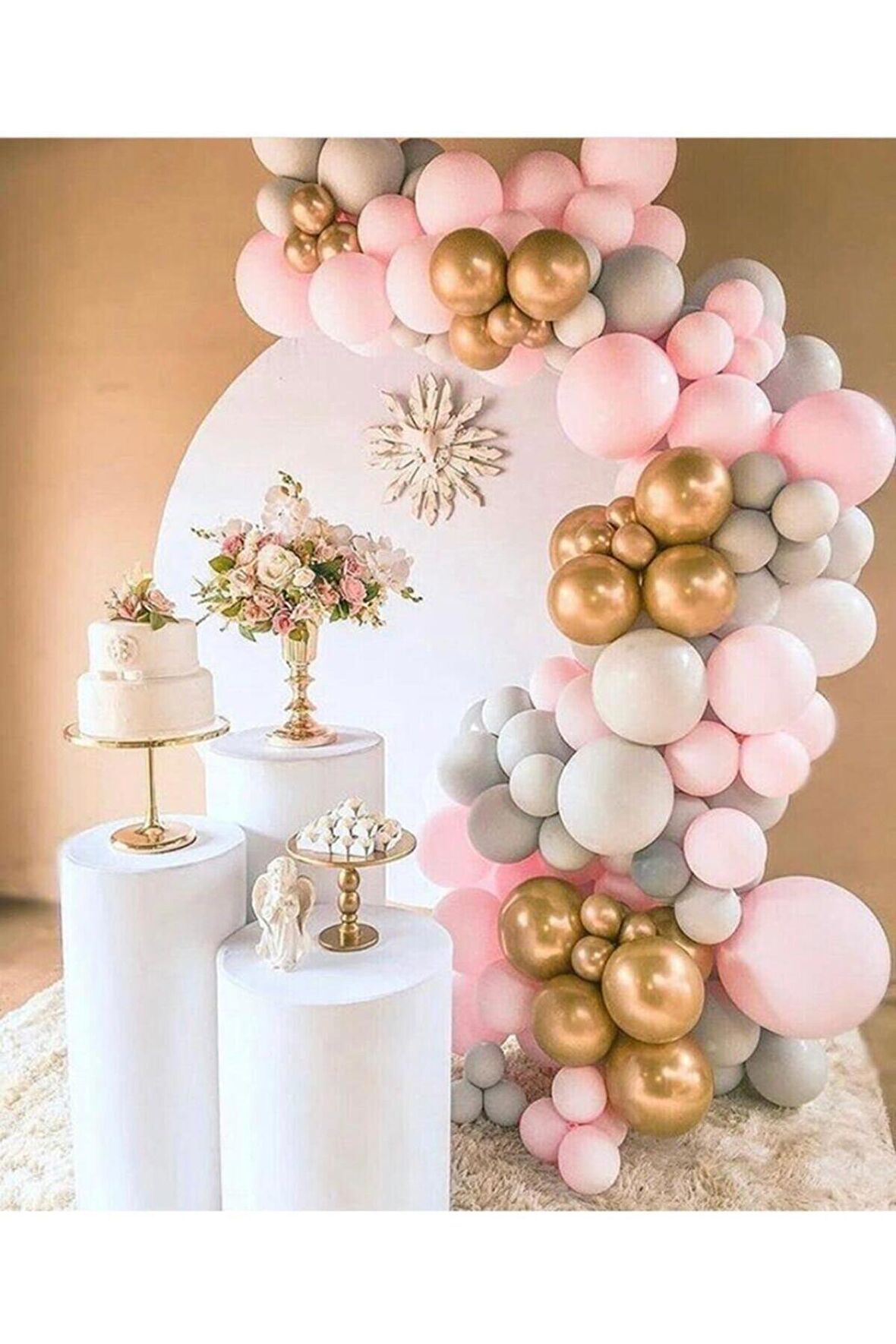Pastel Pembe-Gri -Krom Gold Balon 50 Adet + 5 Mt. Balon Zinciri