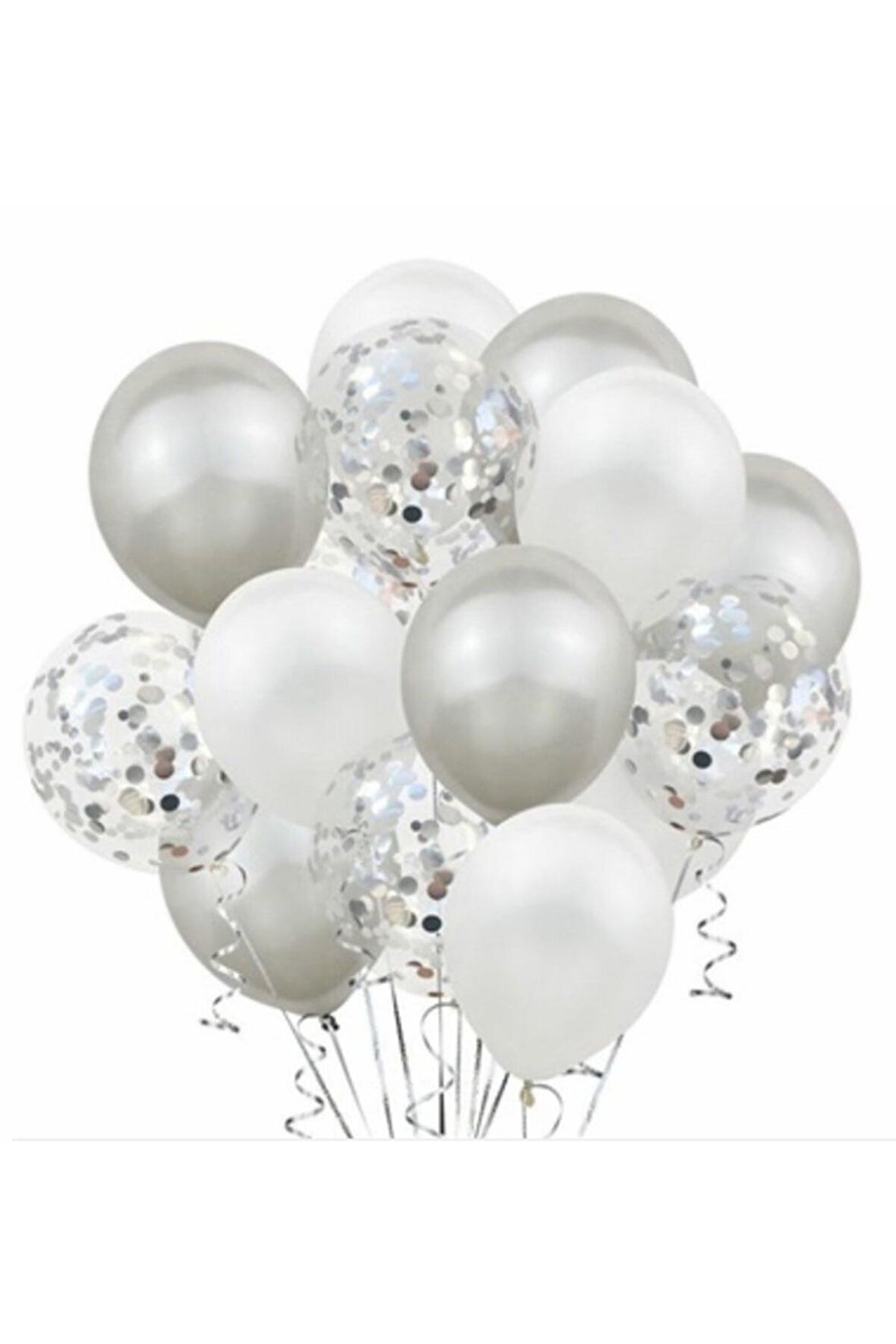 Metalik Gümüş Pastel Beyaz Gümüş Konfetili Şeffaf Balon Seti 15 Adet