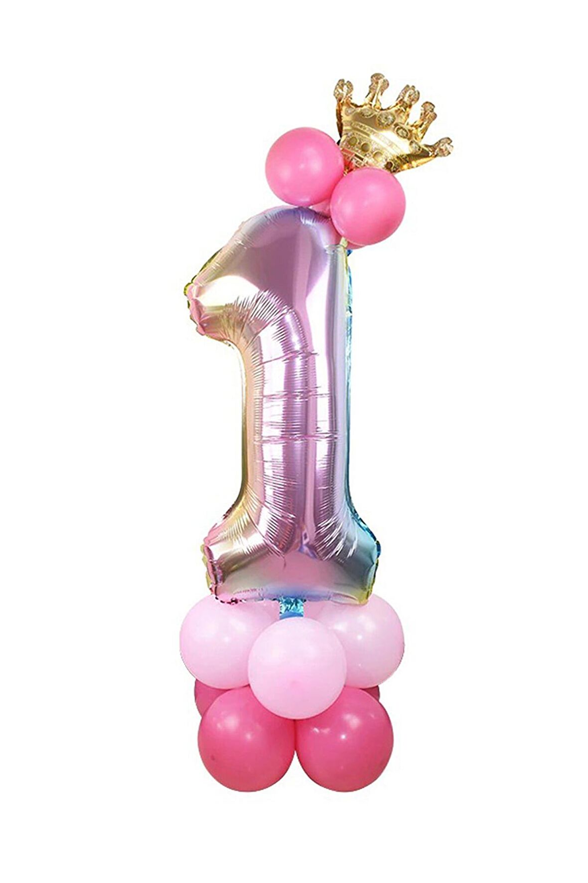 1 Yaş Gökkuşağı Renkleri Rakam Balon Altın Taçlı 1 Rakamlı Balon