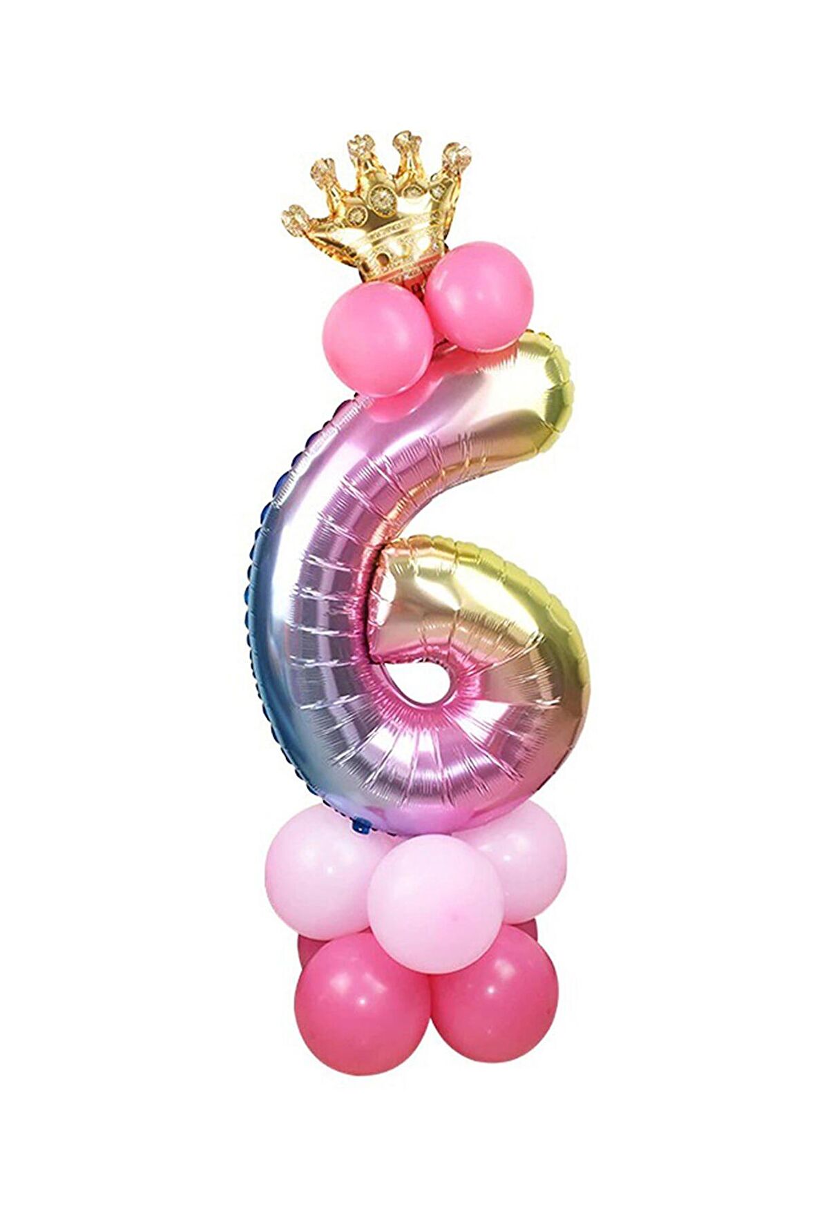 6 Yaş Gökkuşağı Renkleri Rakam Balon Altın Taçlı 6 Rakamlı Balon