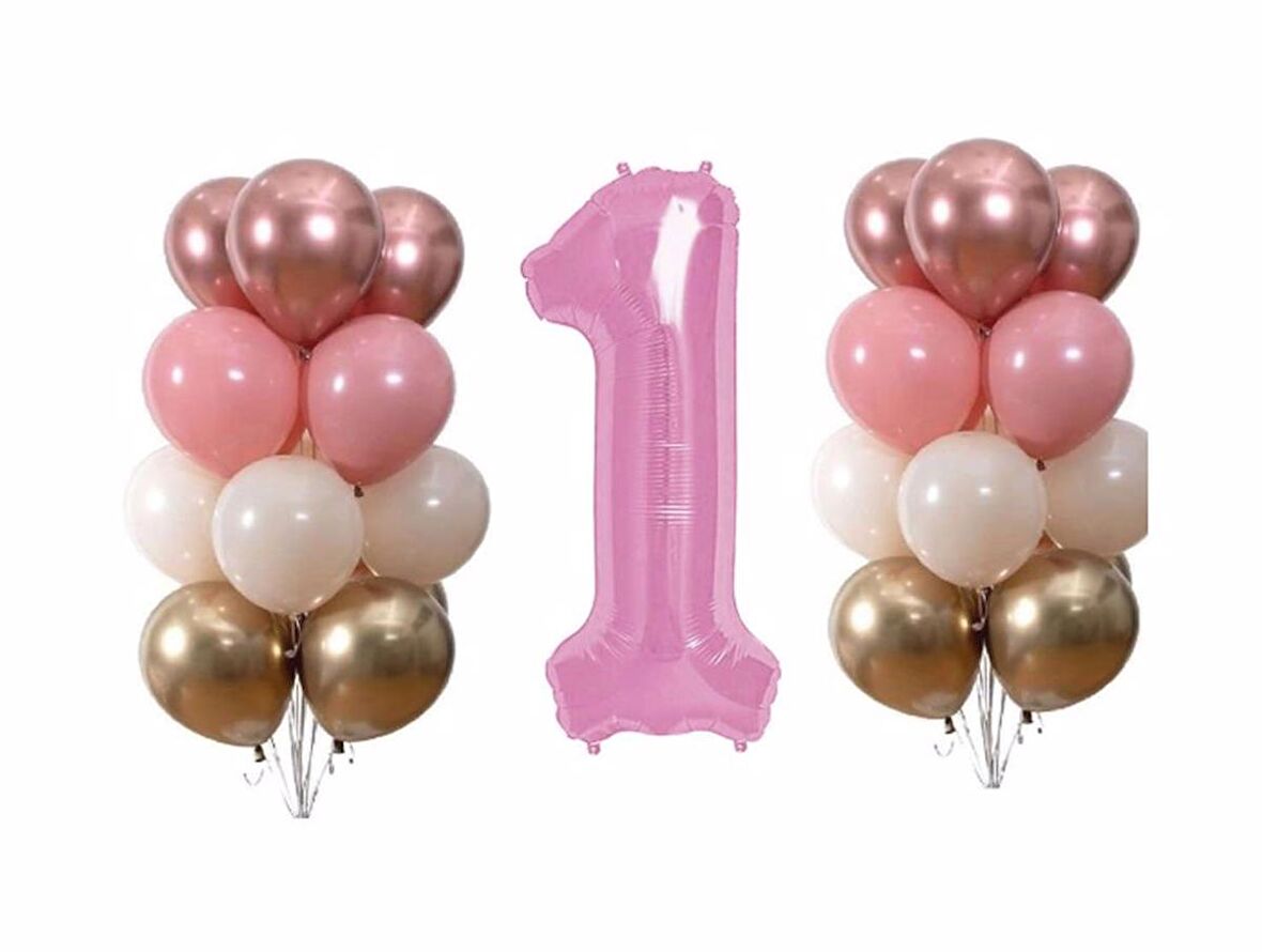 Pastel Krom 1 Yaş Pembe Doğum Günü Balon Seti