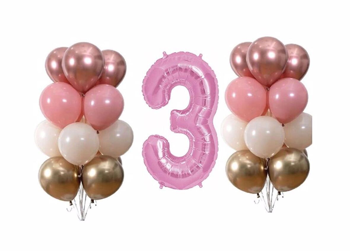 Pastel Krom 3 Yaş Pembe Doğum Günü Balon Seti