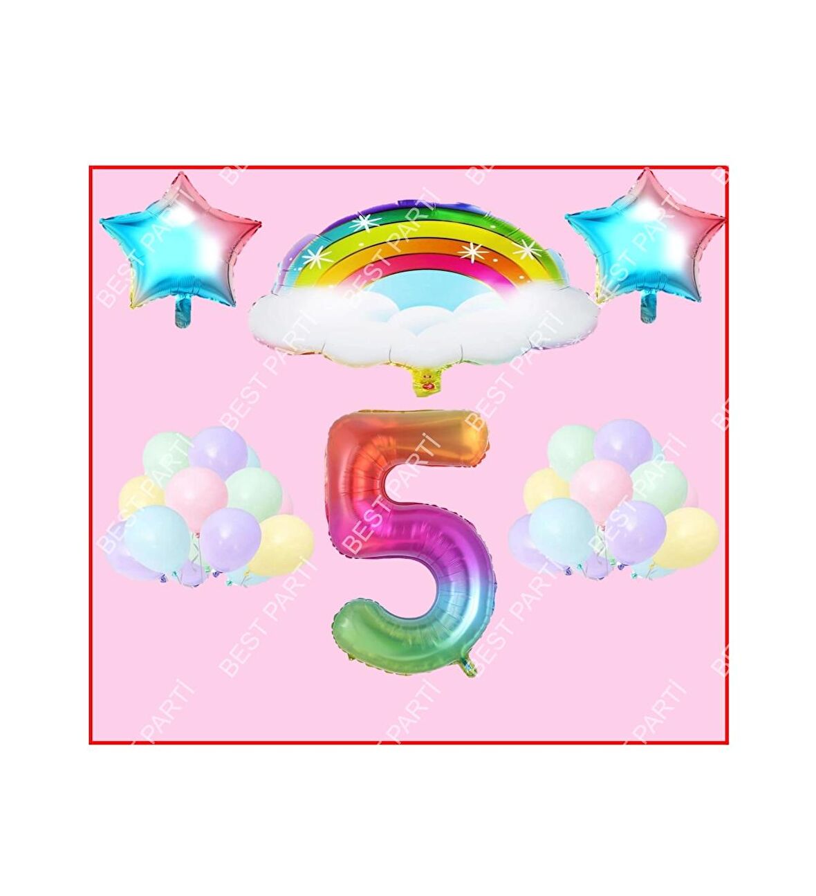 Bulutlu Gökkuşağı Yıldız Temalı Makaron Balon 5 Yaş Doğum Günü Parti Seti