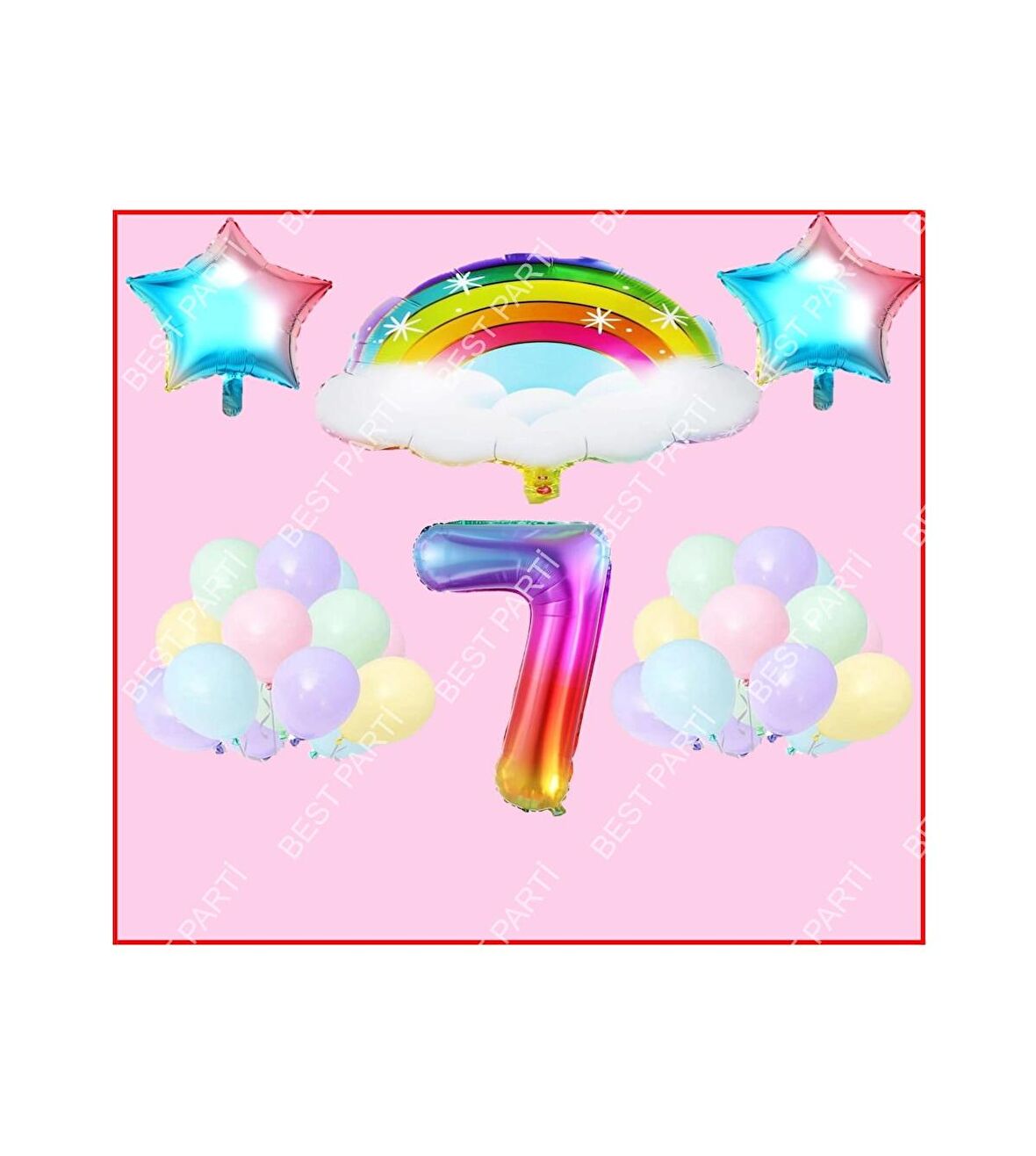 Bulutlu Gökkuşağı Yıldız Temalı Makaron Balon 7 Yaş Doğum Günü Parti Seti
