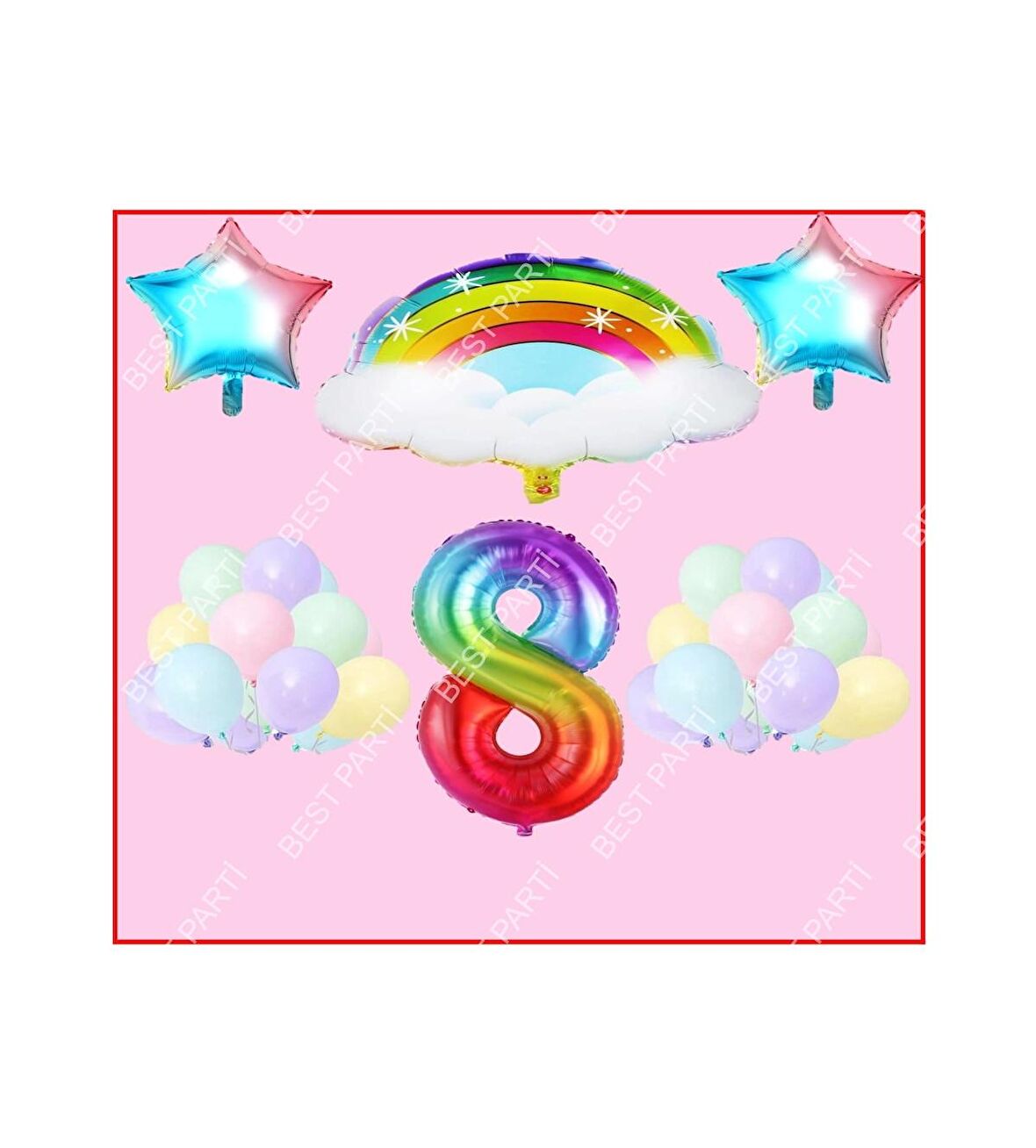 Bulutlu Gökkuşağı Yıldız Temalı Makaron Balon 8 Yaş Doğum Günü Parti Seti