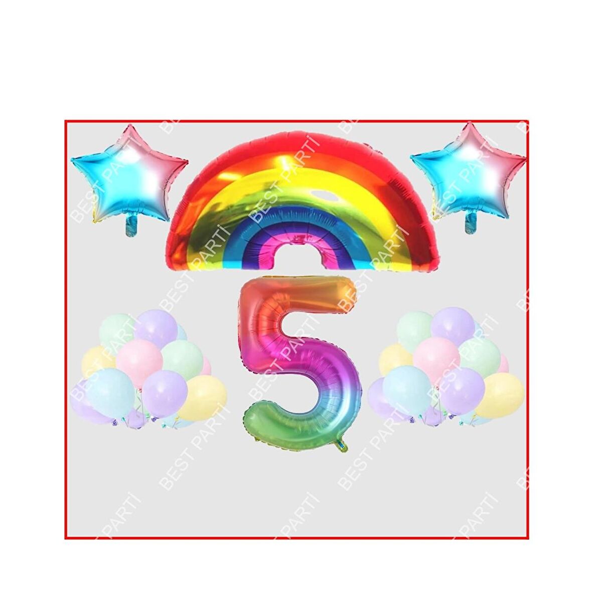Gökkuşağı Yıldız Temalı Makaron Balon 5 Yaş Doğum Günü Parti Seti