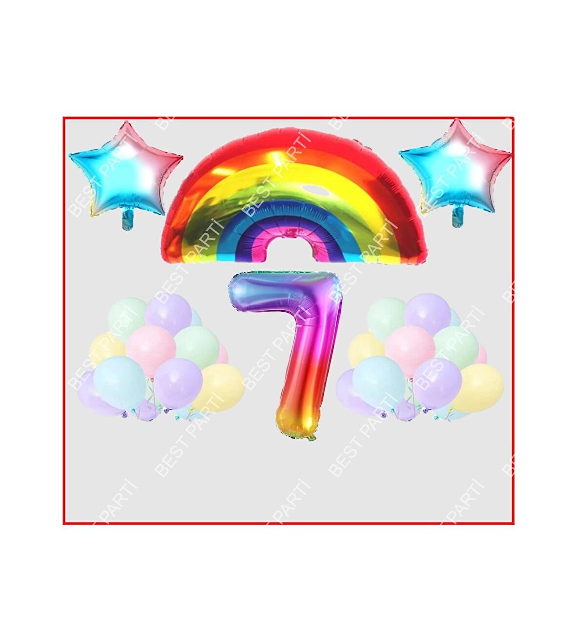 Gökkuşağı Yıldız Temalı Makaron Balon 7 Yaş Doğum Günü Parti Seti