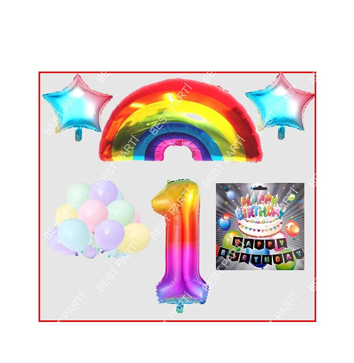 Gökkuşağı Yıldız Makaron Balon Banner Temalı 1 Yaş Doğum Günü Parti Seti