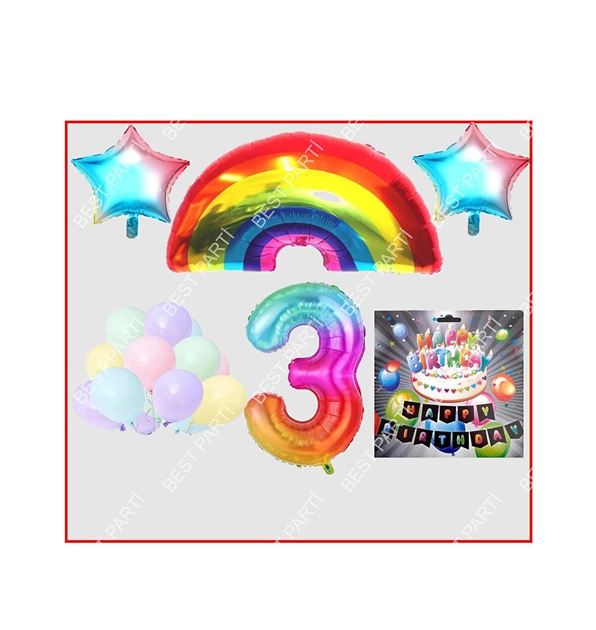 Gökkuşağı Yıldız Makaron Balon Banner Temalı 3 Yaş Doğum Günü Parti Seti