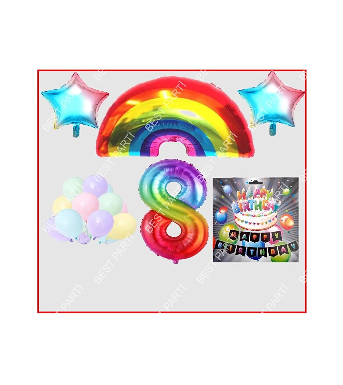 Gökkuşağı Yıldız Makaron Balon Banner Temalı 8 Yaş Doğum Günü Parti Seti