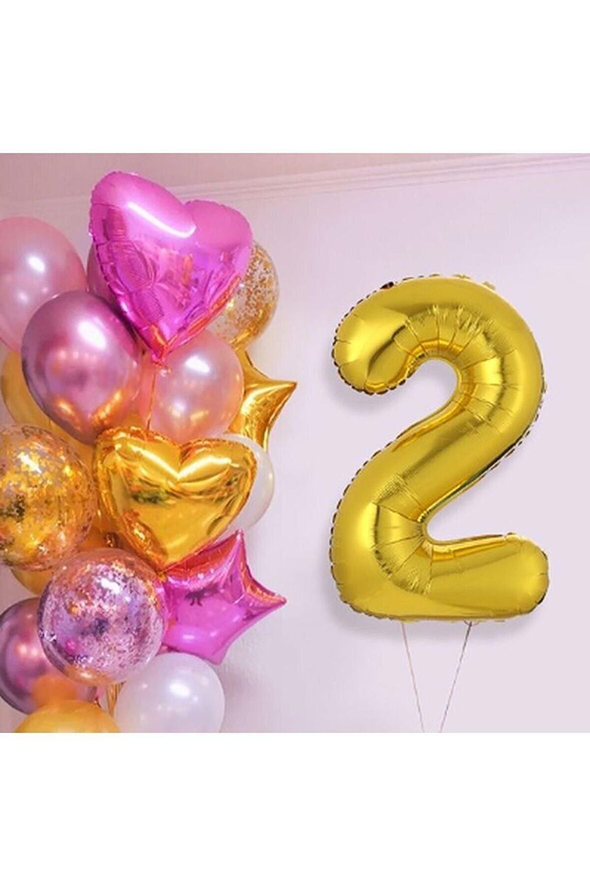 Pembe Gold Kalp Yıldız Rakam Konsept Balon Seti 2 Yaş 